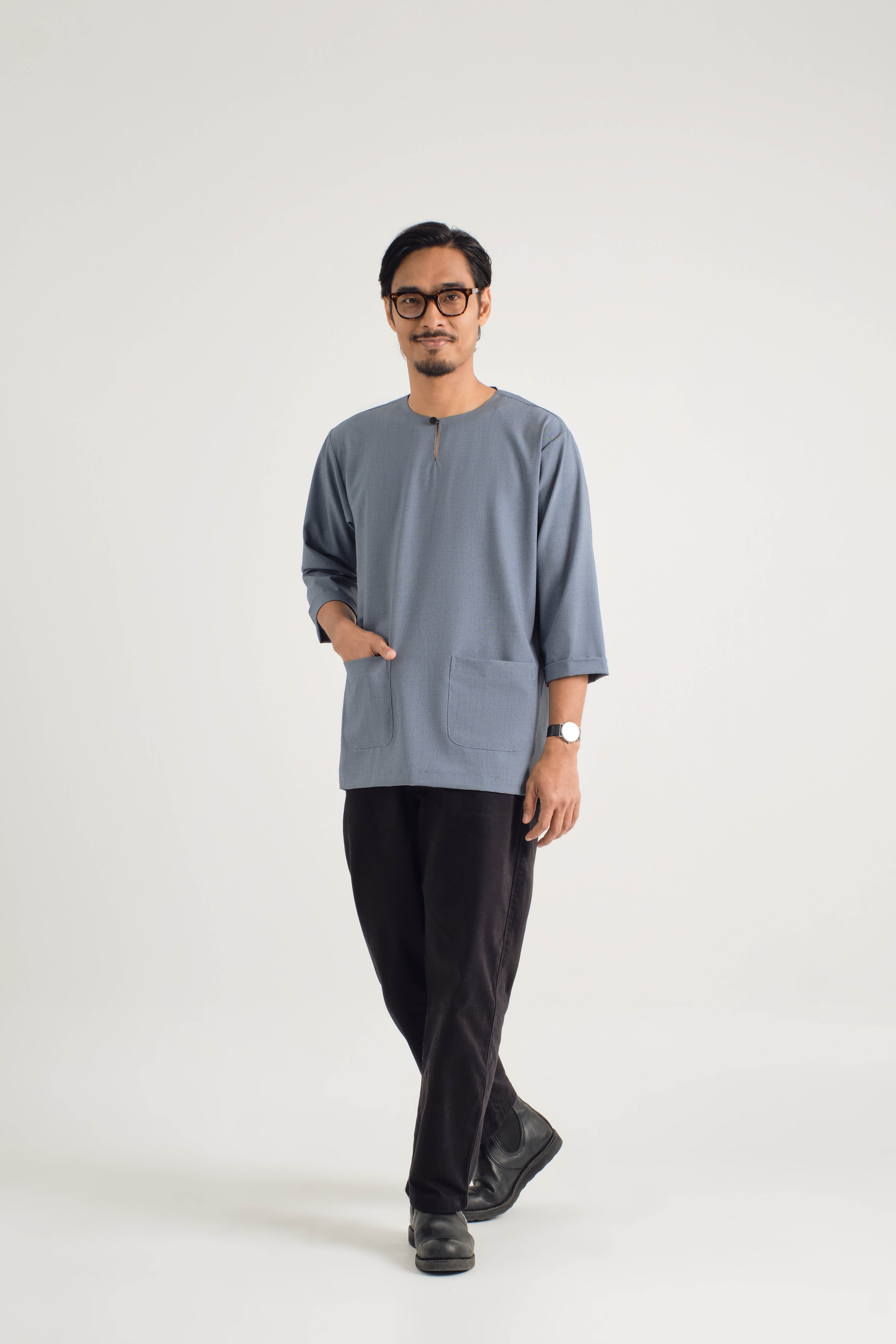 Tebalaya Three Quarter Sleeve Top - Checkered Navy Blue