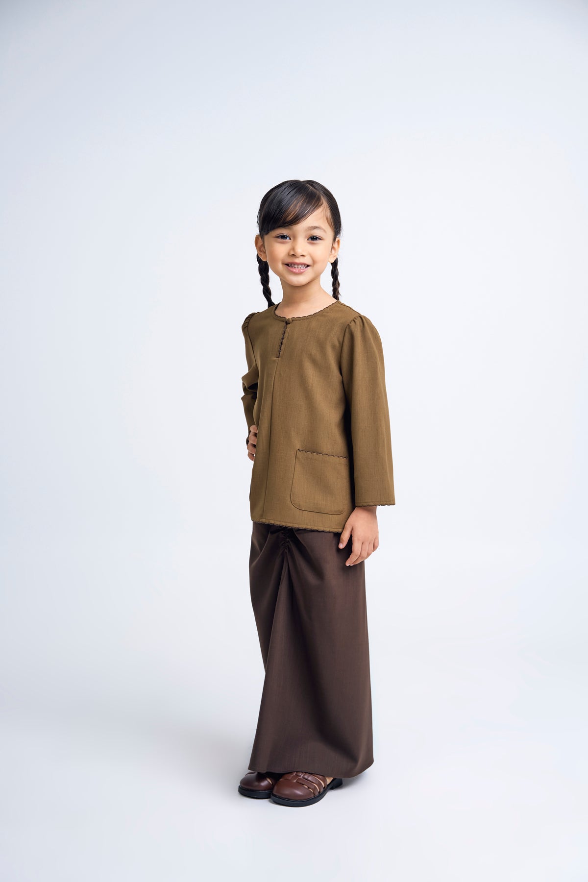 Kemudi Girls Baju Kurung - Olive Brown