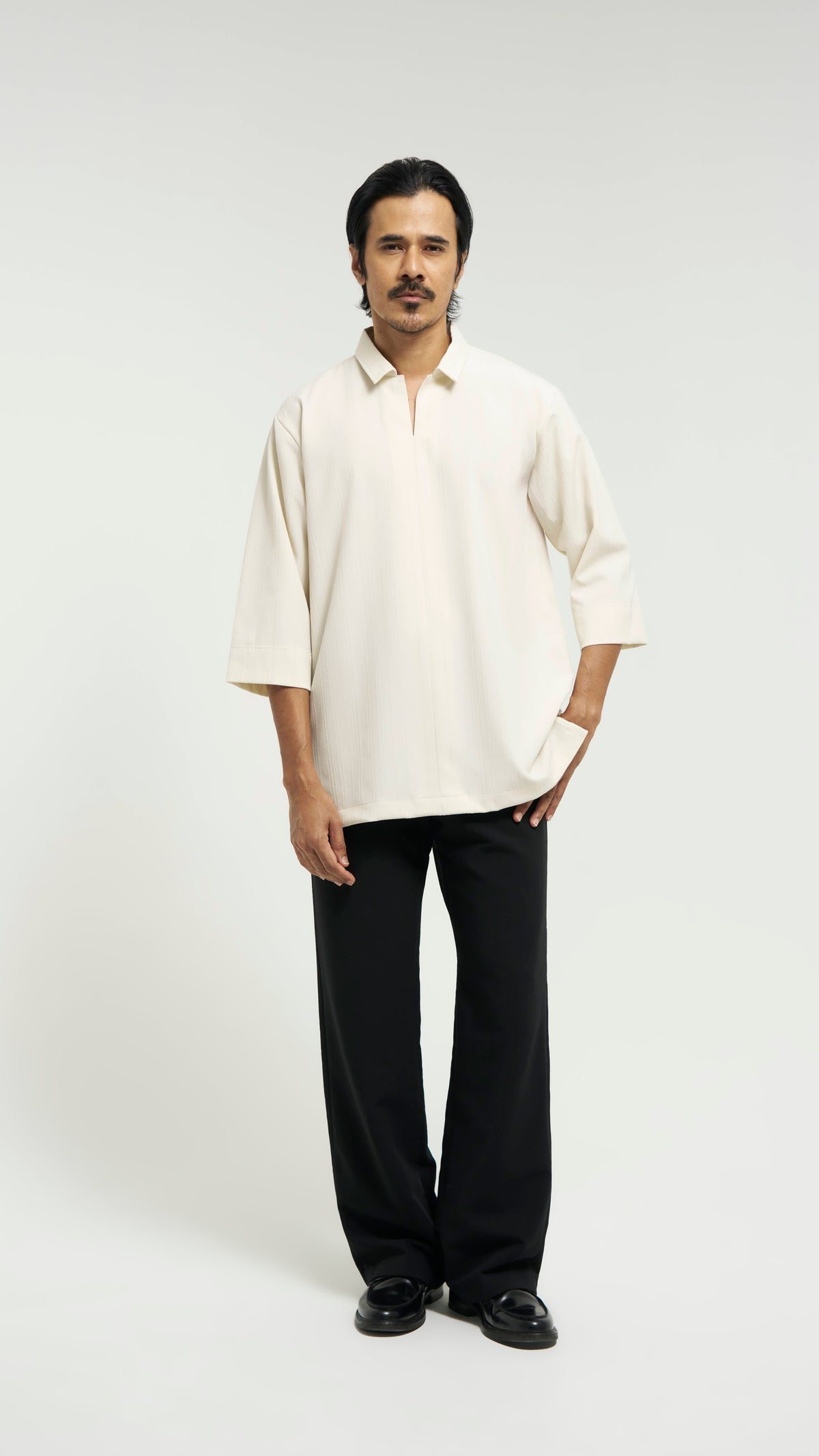 Tasor Modern Fit Collared Quarter Sleeve Top Stripe - Off White