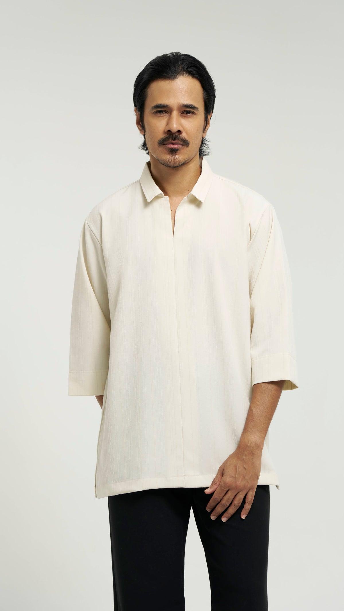 Tasor Modern Fit Collared Quarter Sleeve Top Stripe - Off White