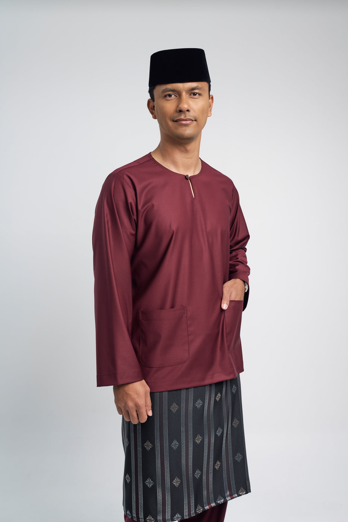 Patawali Modern Fit Baju Melayu Teluk Belanga - Burgundy Red