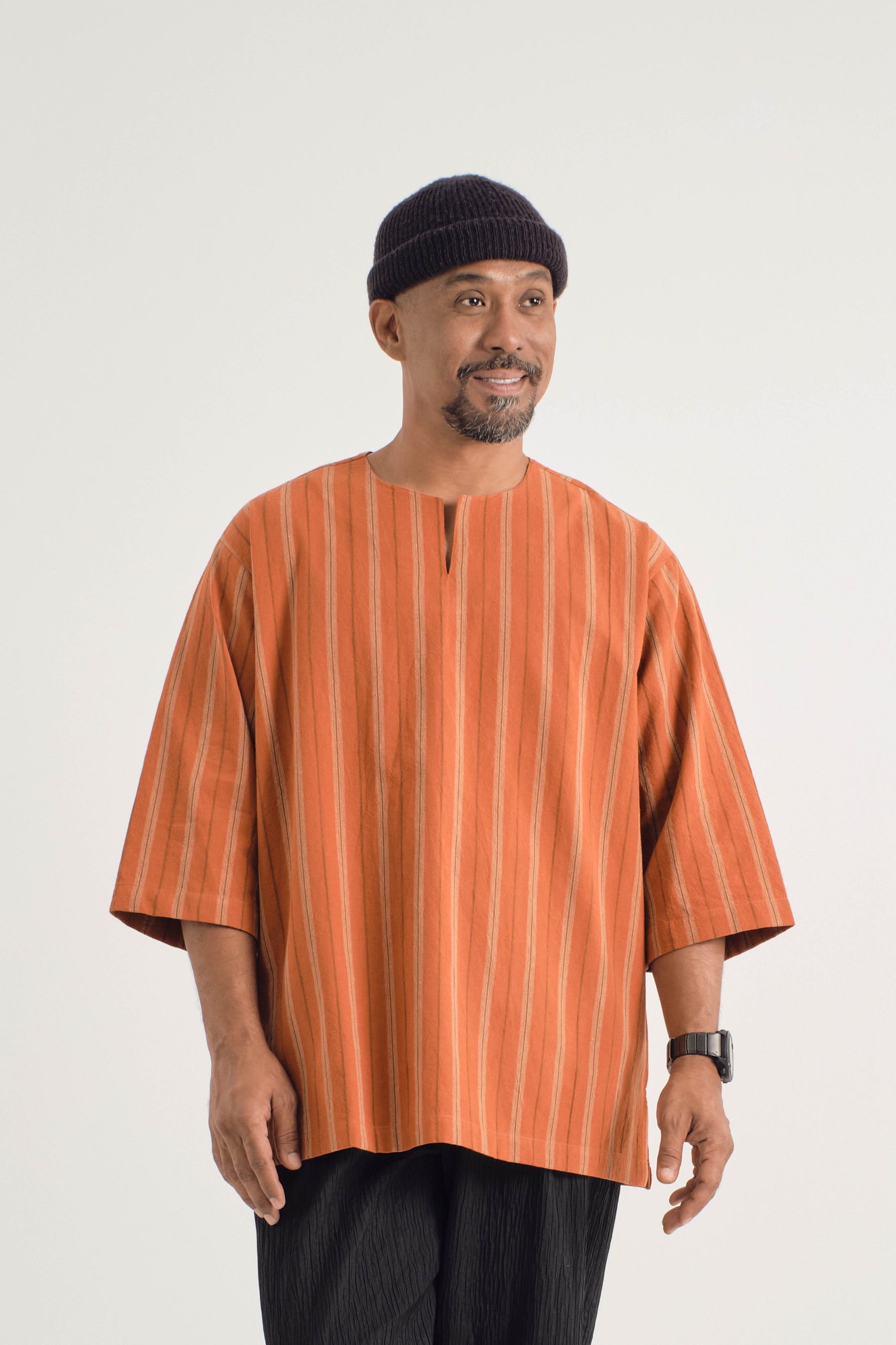 Palong Classic Fit Quarter Sleeves Top - Stripe Burnt Orange
