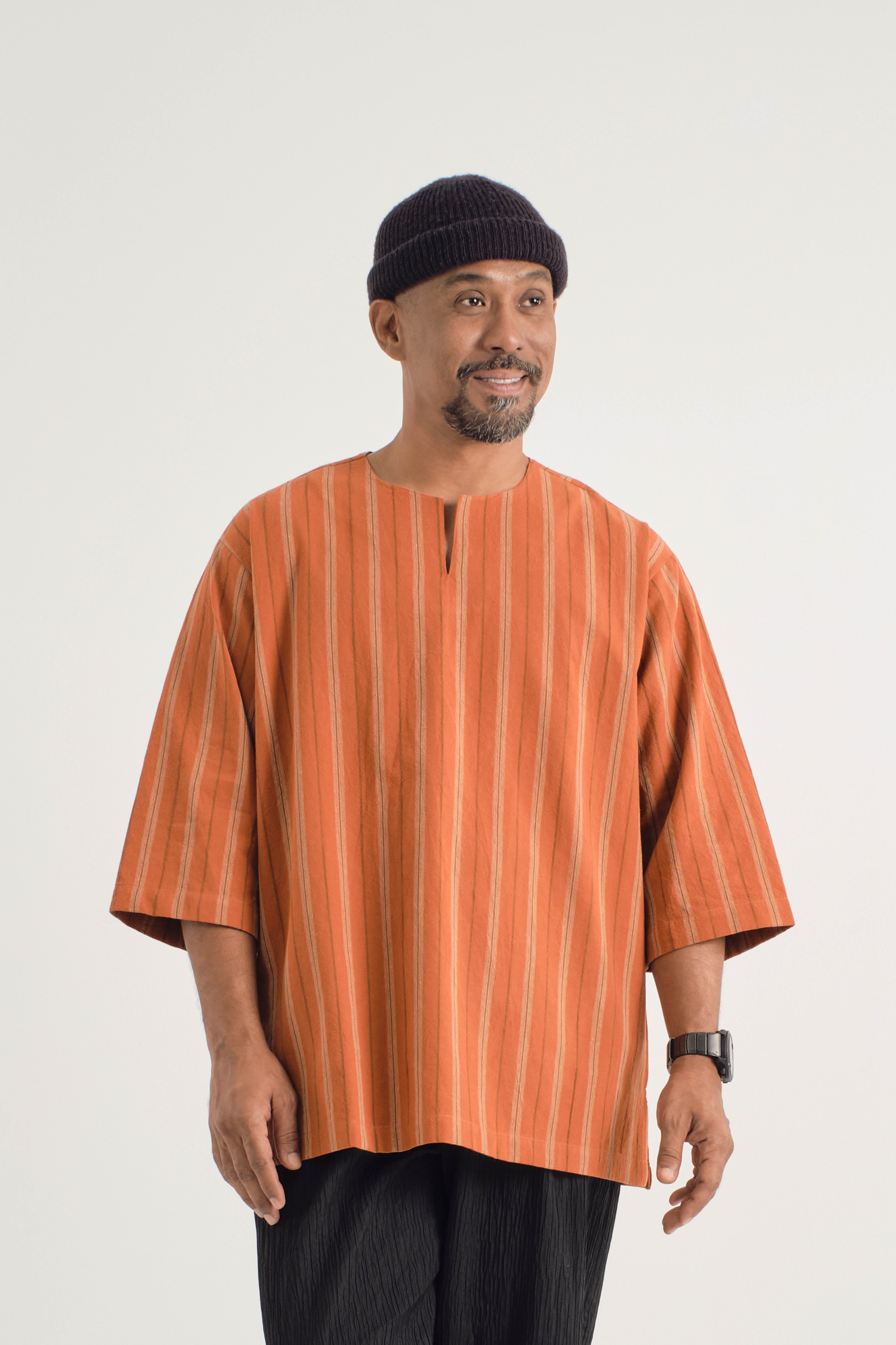 Palong Classic Fit Quarter Sleeves Top - Stripe Burnt Orange