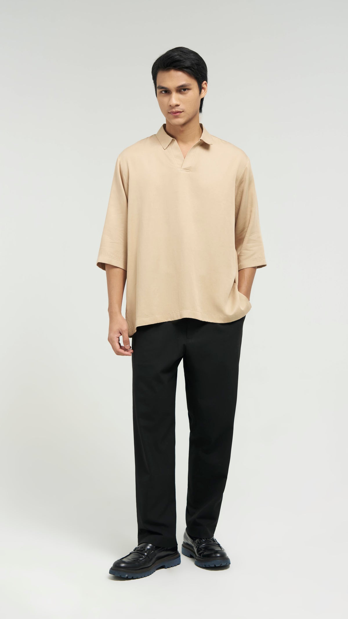 Tasor Loose Fit Open Collar Top - Brown