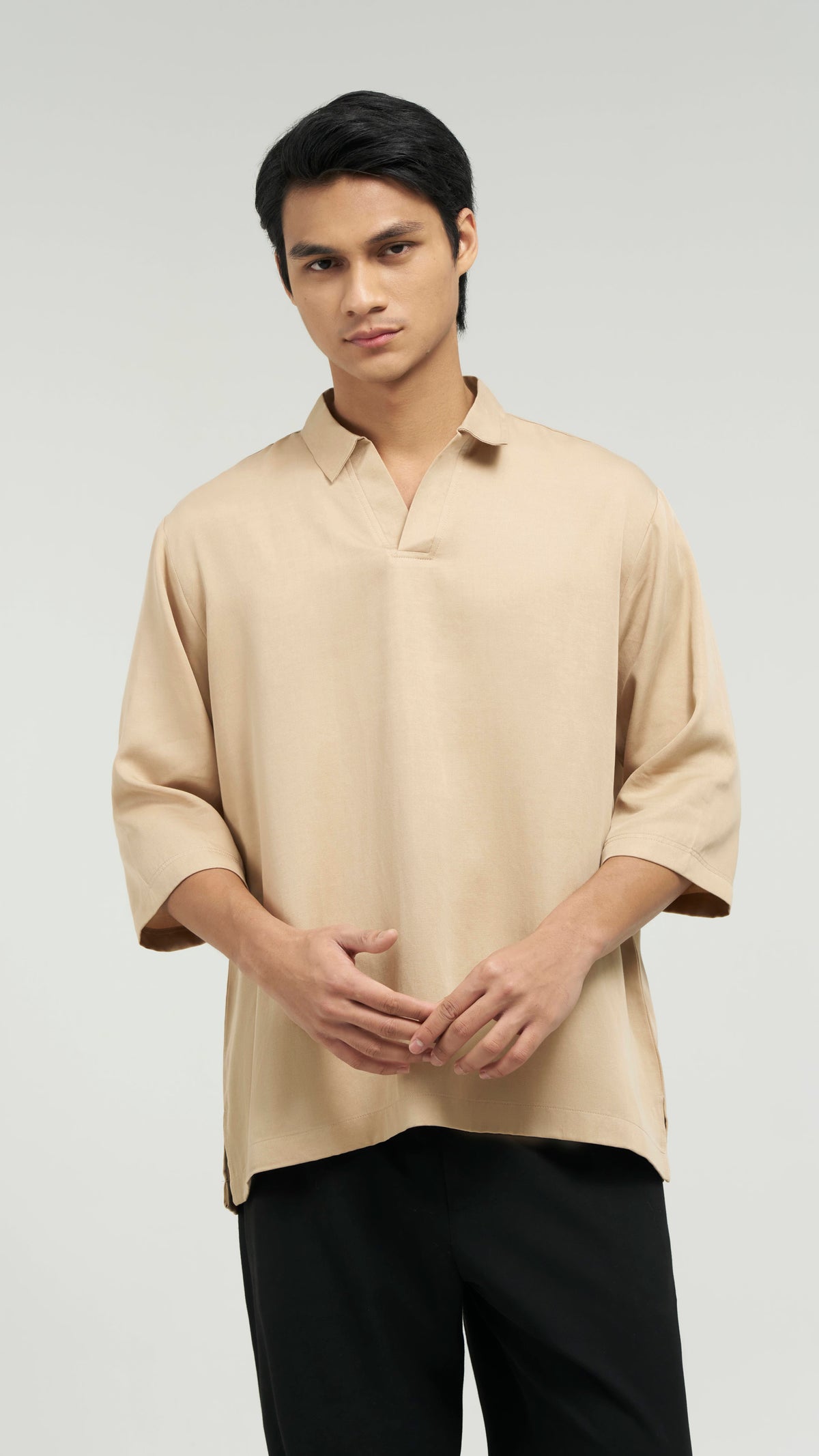 Tasor Loose Fit Open Collar Top - Brown