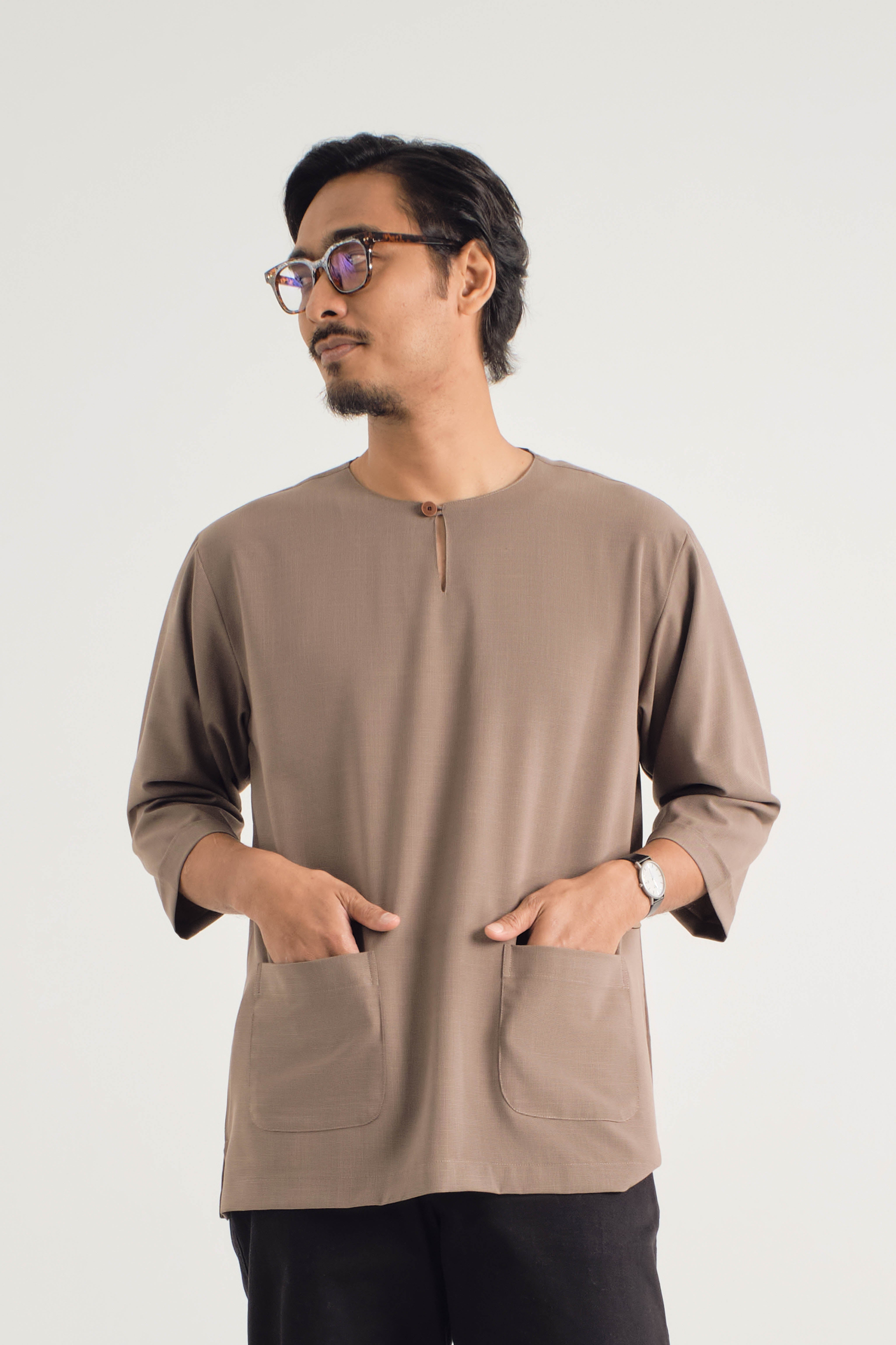 Tebalaya Three Quarter Sleeve Top - Checkered Coffee Brown