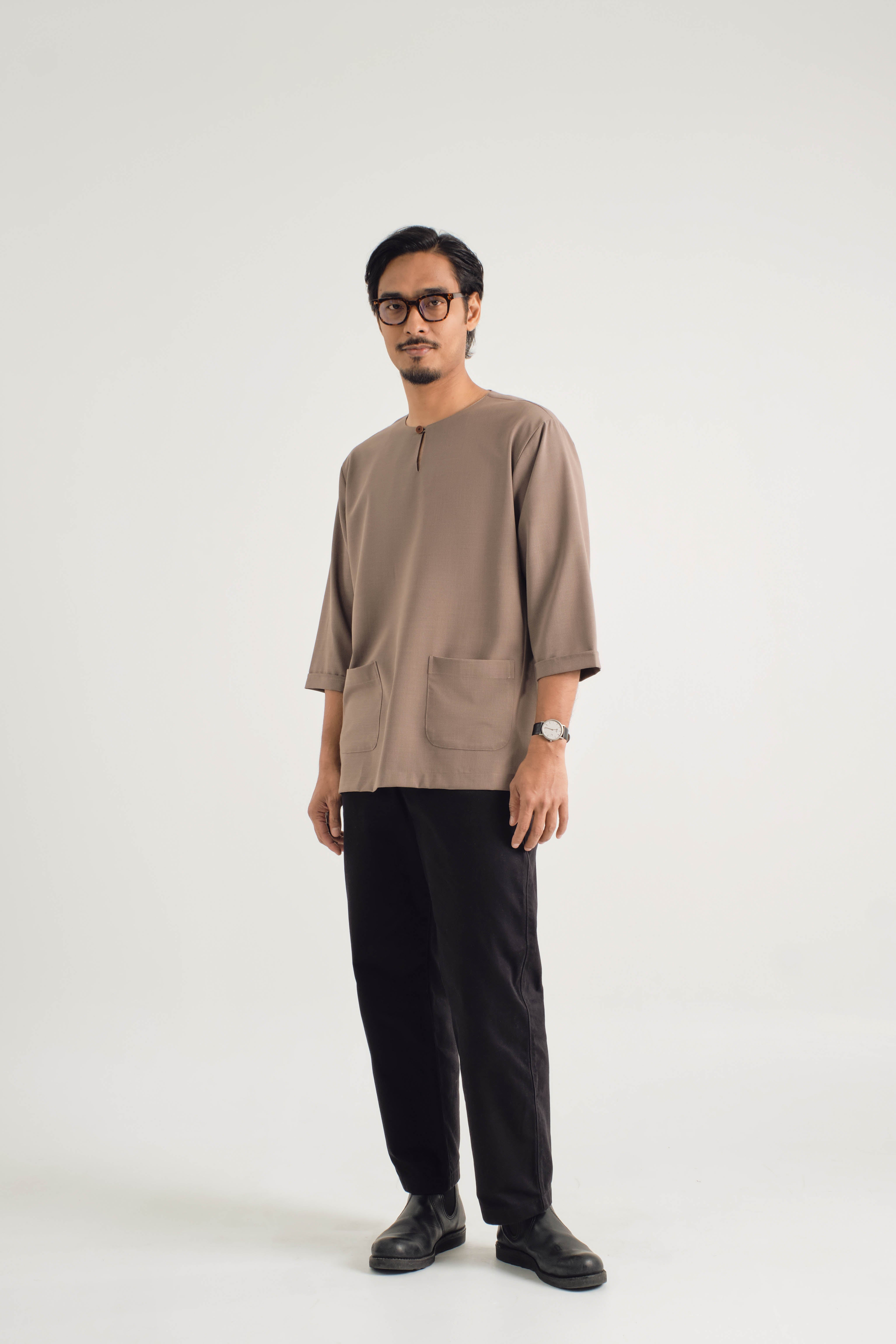 Tebalaya Three Quarter Sleeve Top - Checkered Coffee Brown