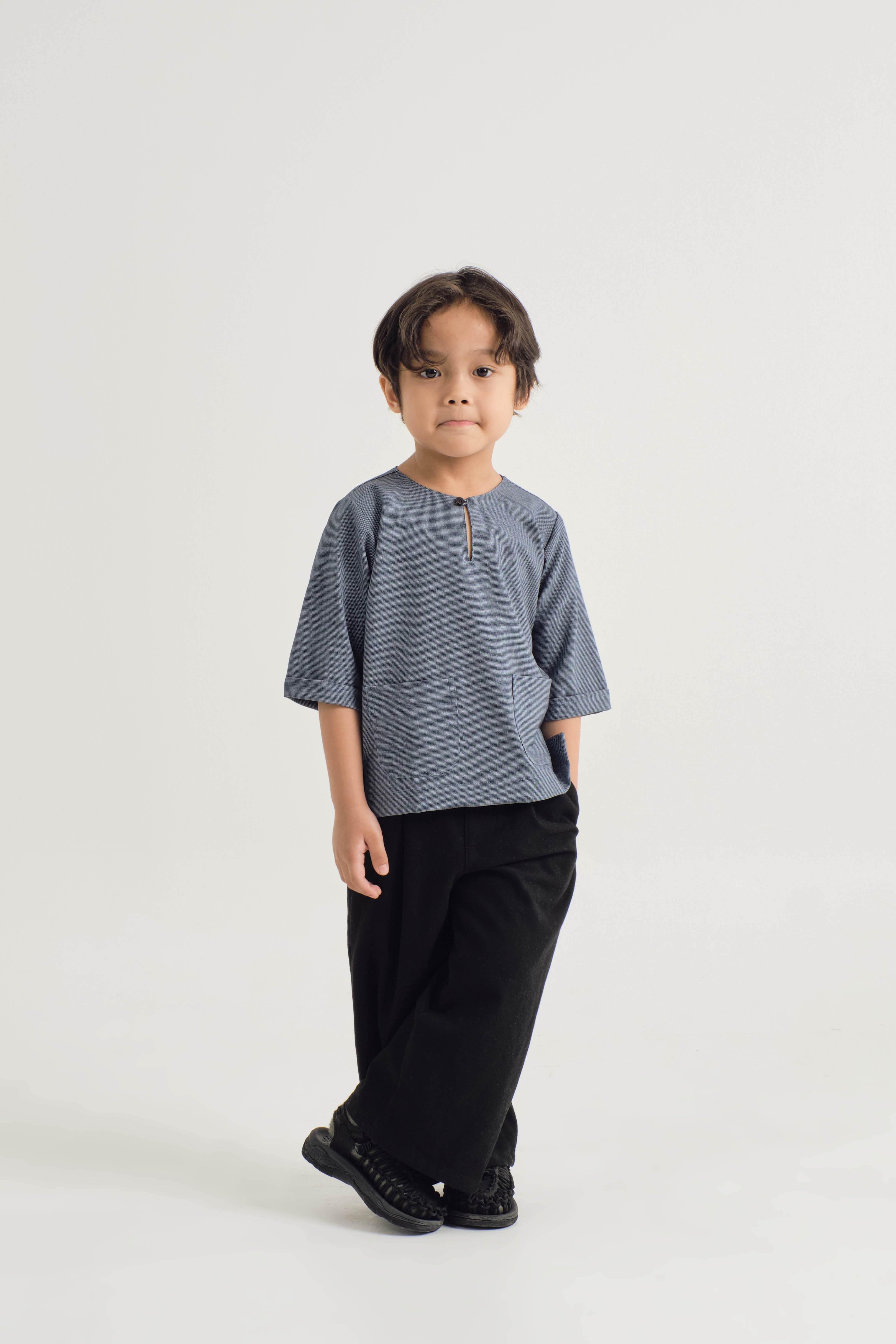 Tebalaya Boys Three Quarter Sleeve - Checkered Navy Blue