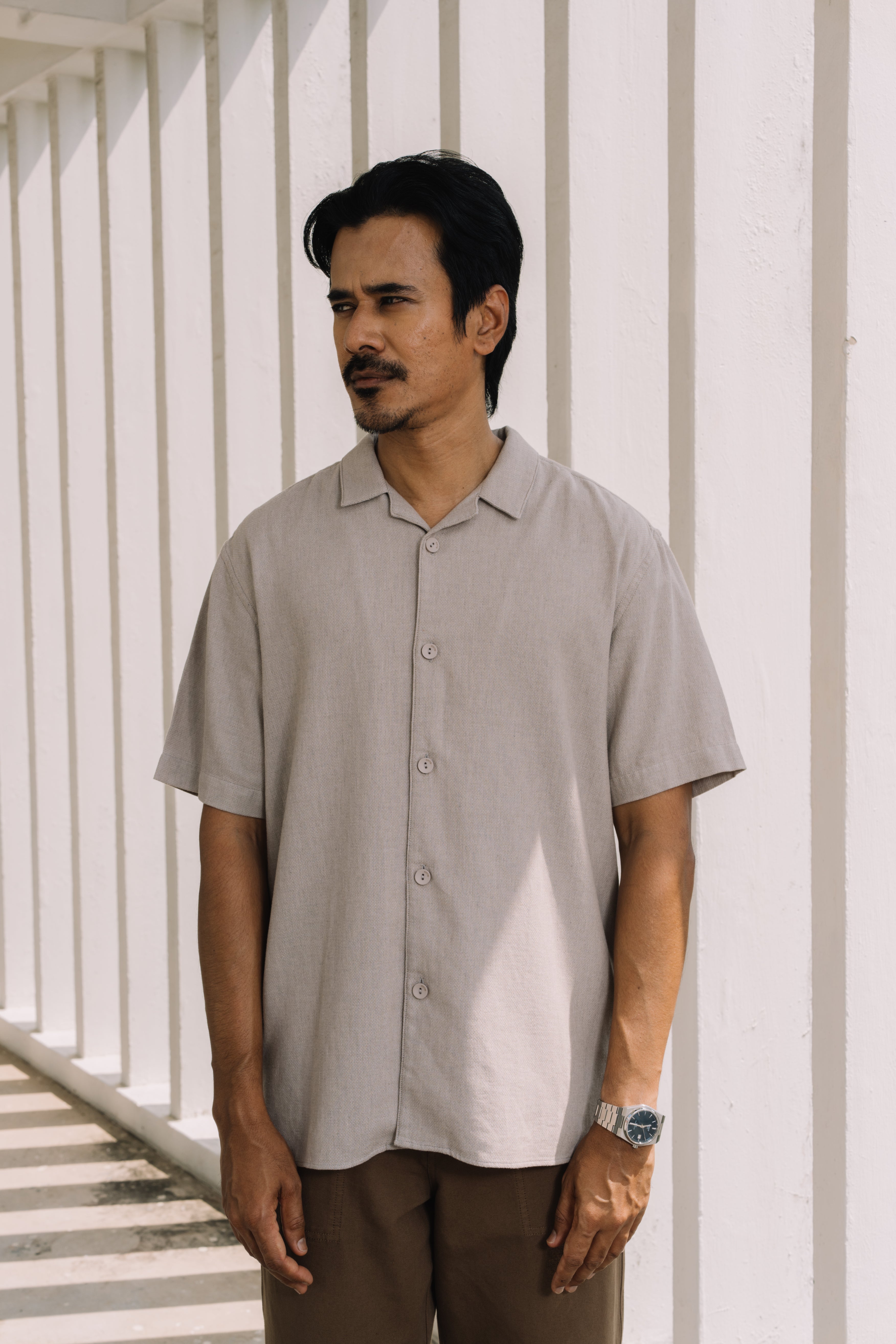 KHTM Camp Collar Shirt in Cotton - Light Grey