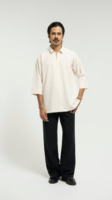 Tasor Modern Fit Collared Quarter Sleeve Top Stripe - Off White