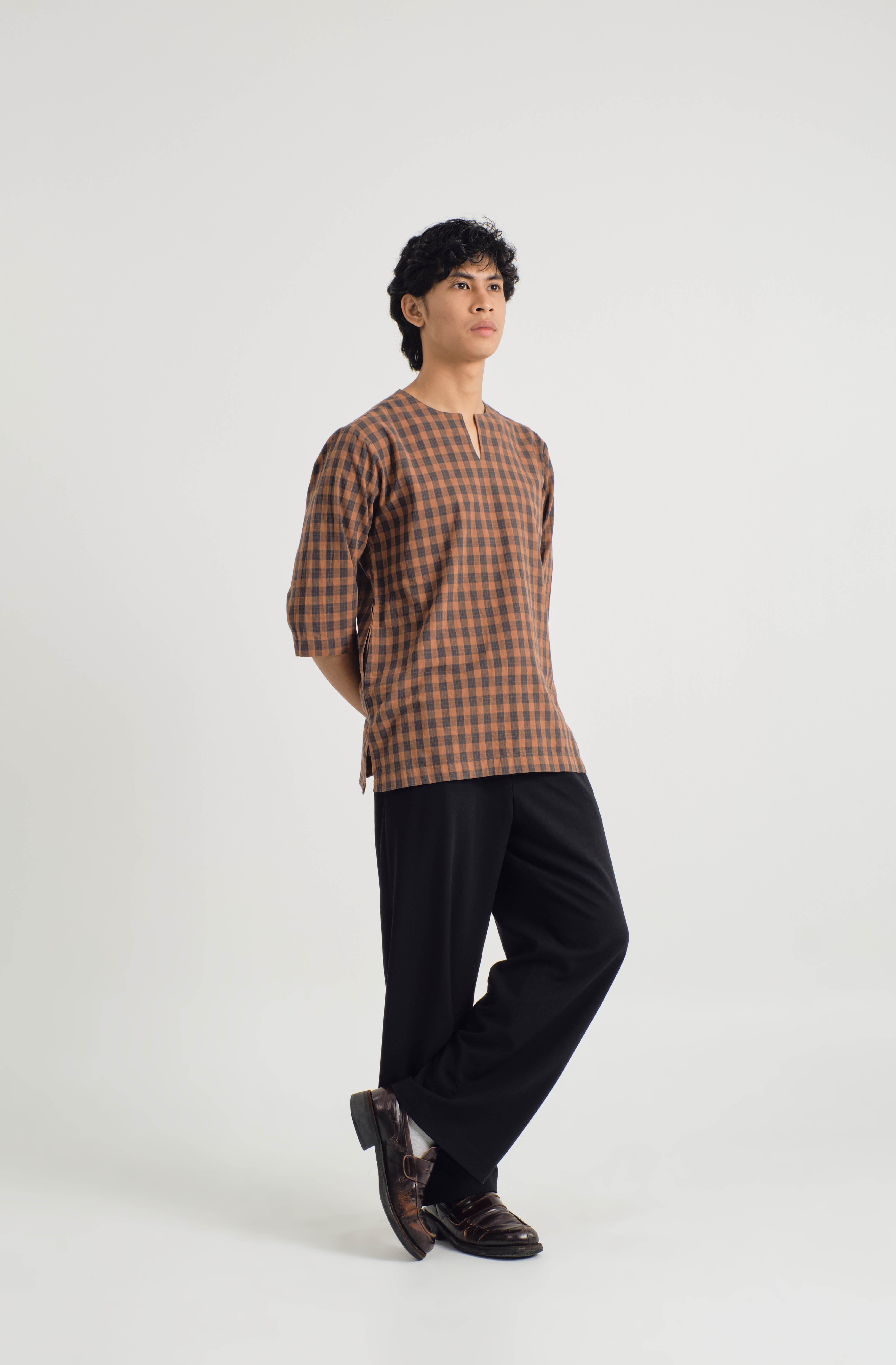 Mansoor Three Quarter Sleeve Top - Plaid Caramel Brown