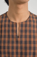 Mansoor Three Quarter Sleeve Top - Plaid Caramel Brown