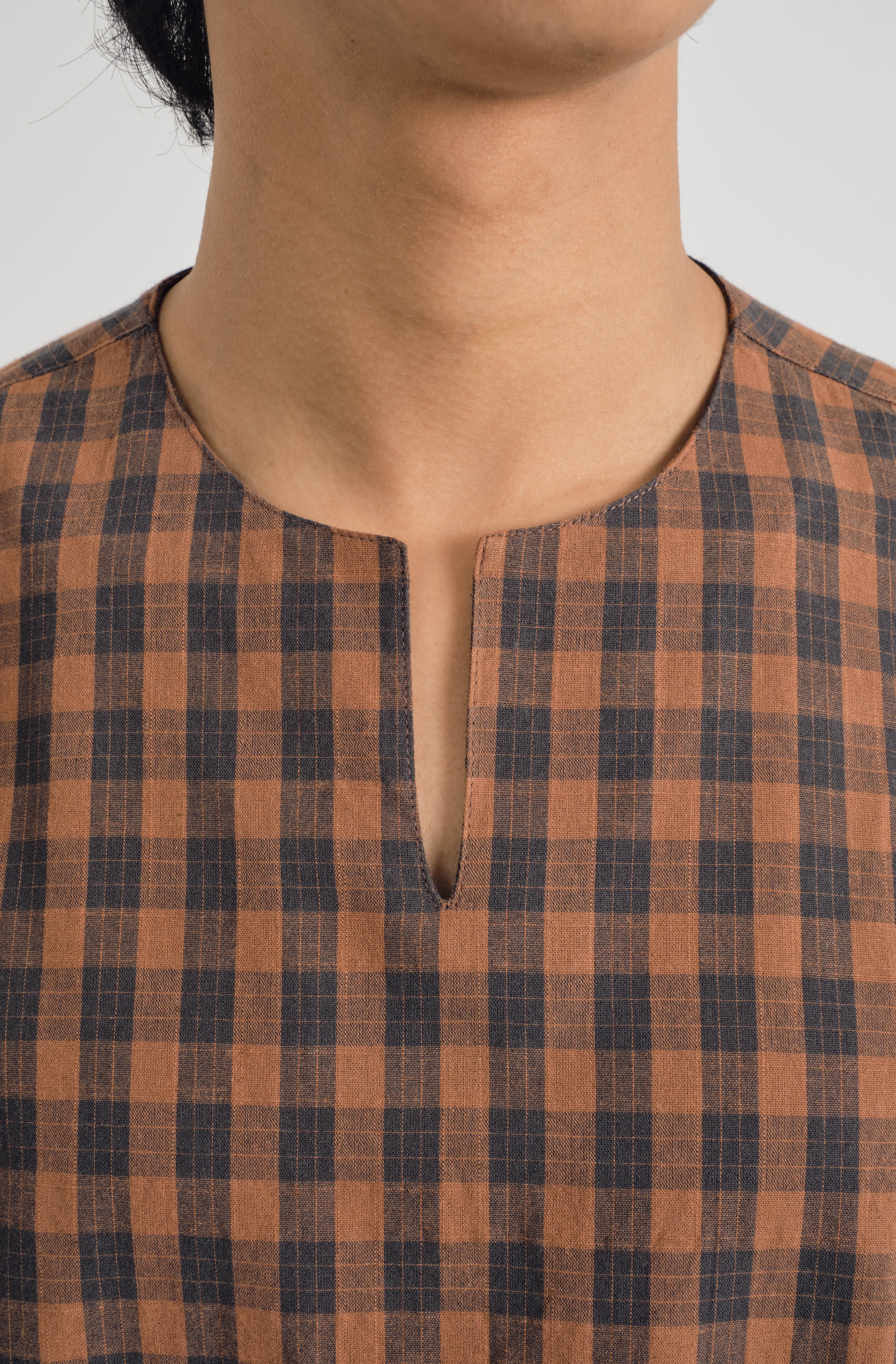 Mansoor Three Quarter Sleeve Top - Plaid Caramel Brown