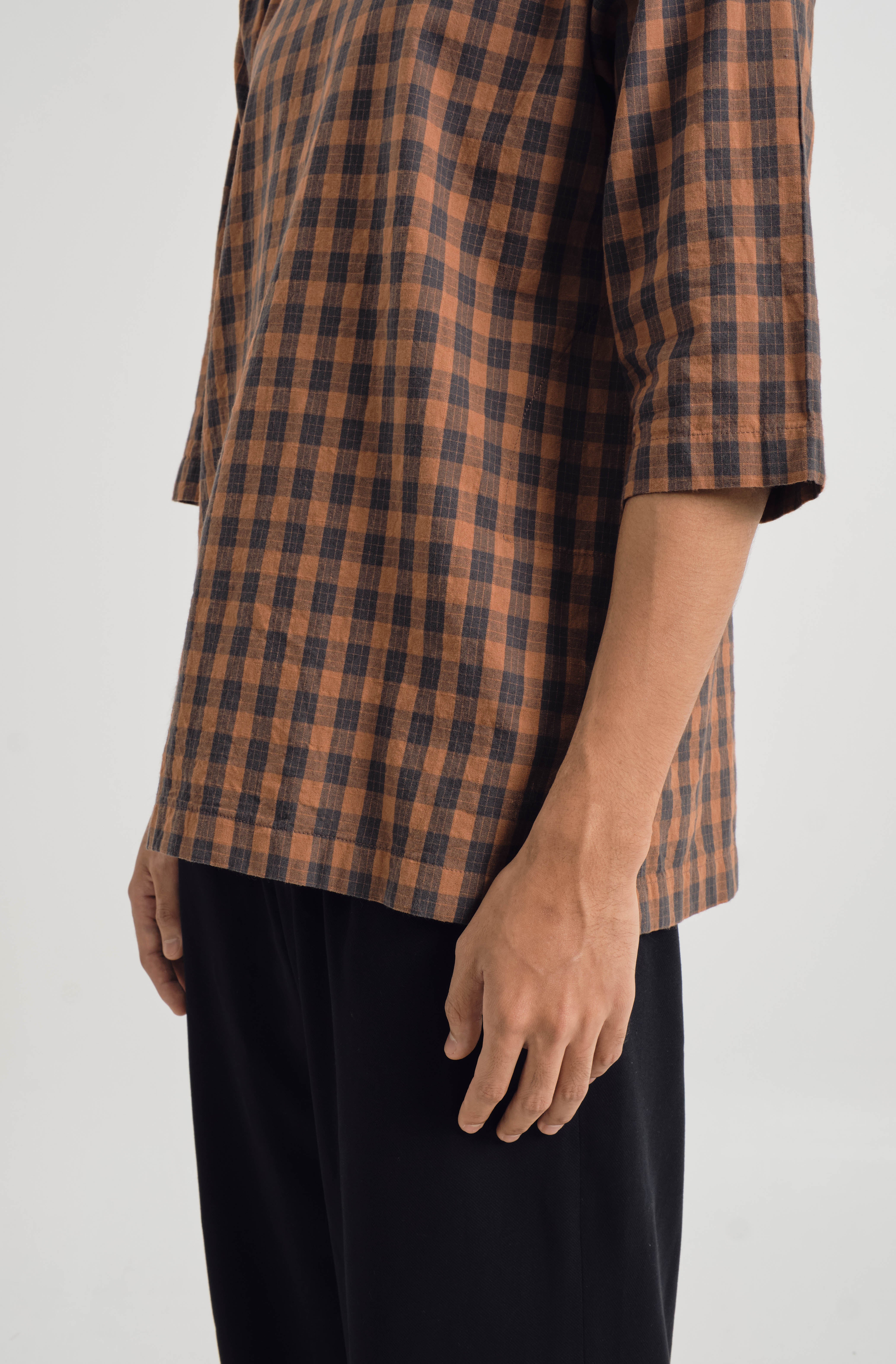 Mansoor Three Quarter Sleeve Top - Plaid Caramel Brown