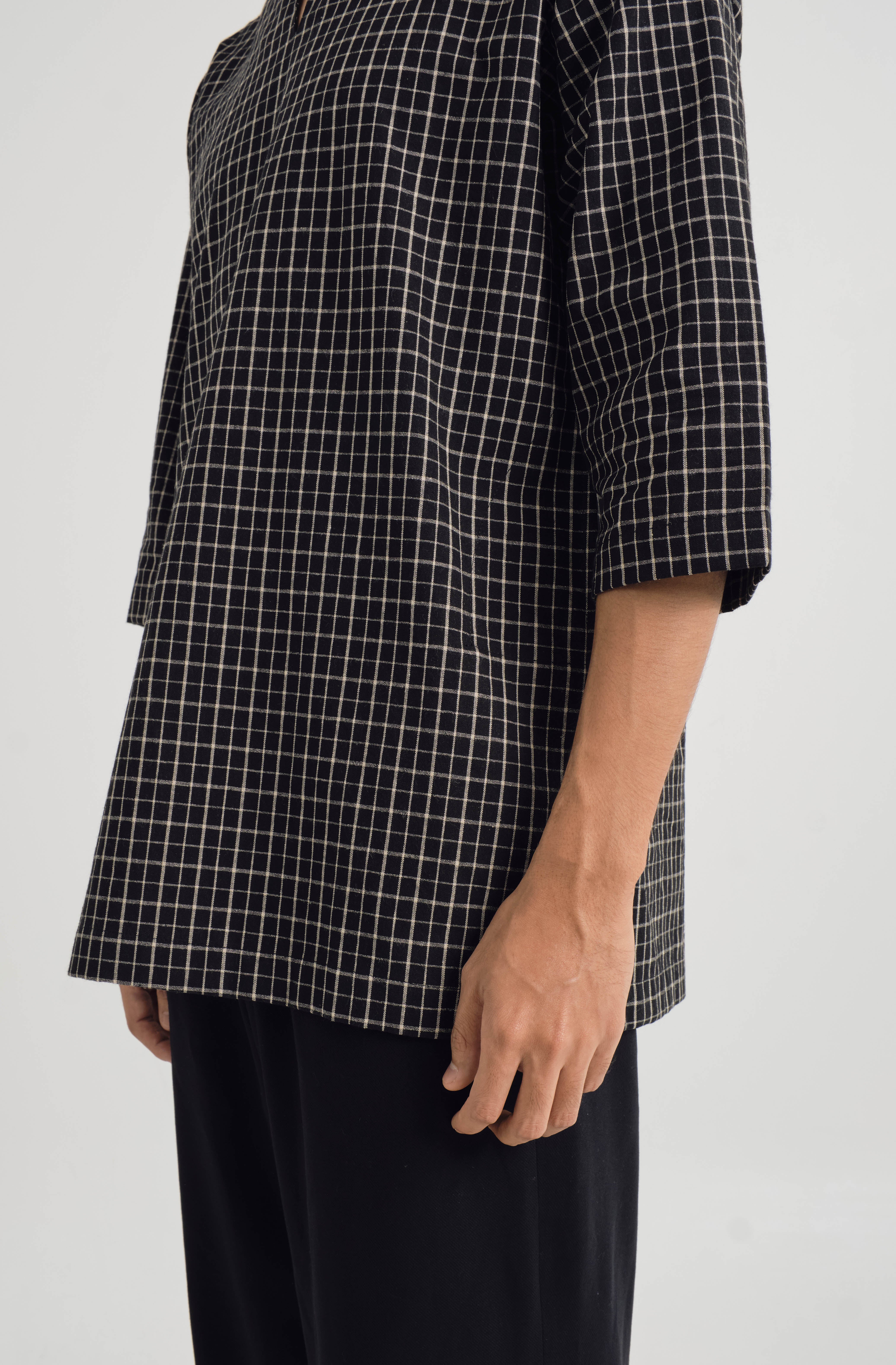 Mansoor Three Quarter Sleeve Top - Plaid Carbon Black