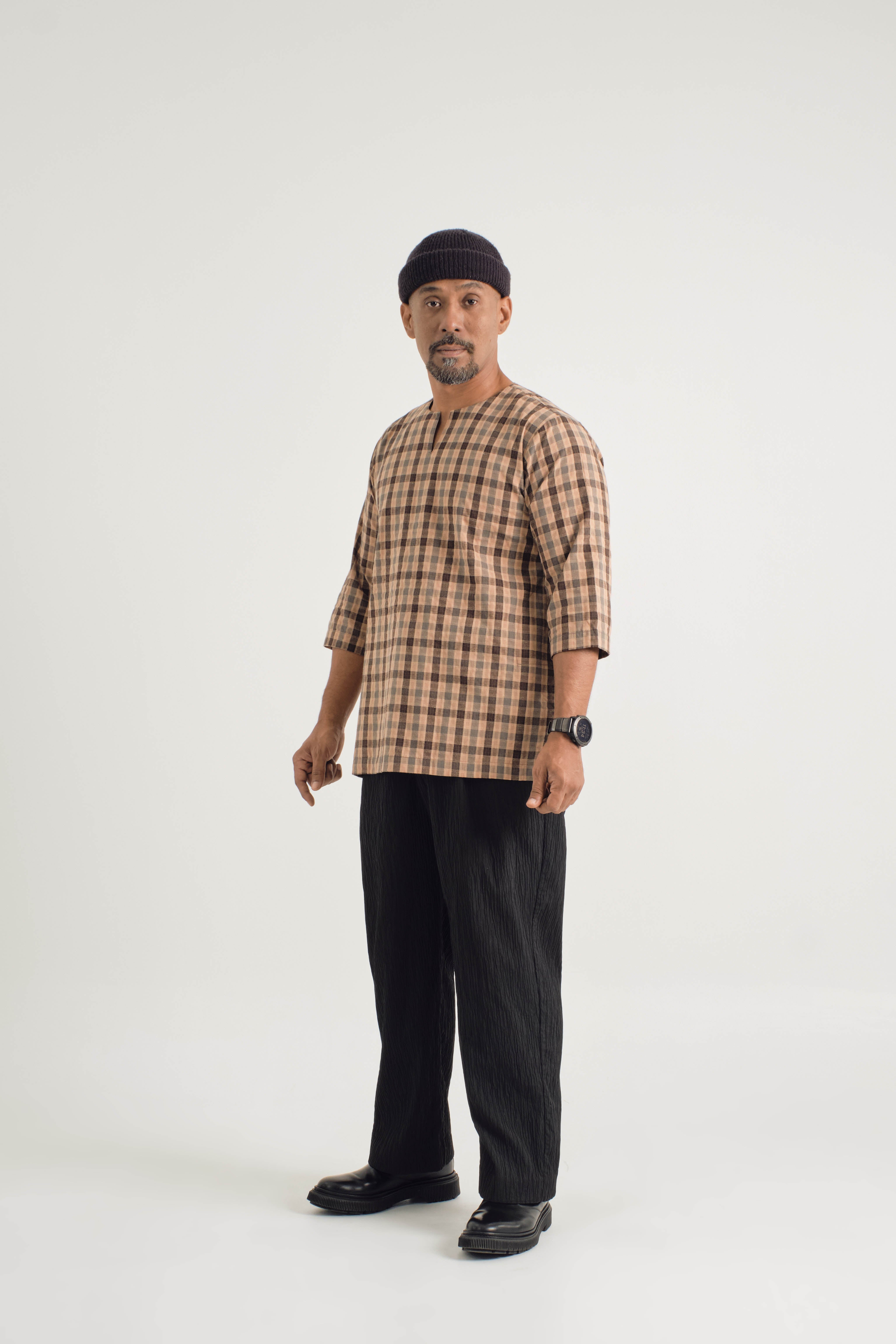 Mansoor Three Quarter Sleeve Top - Plaid Dark Brown