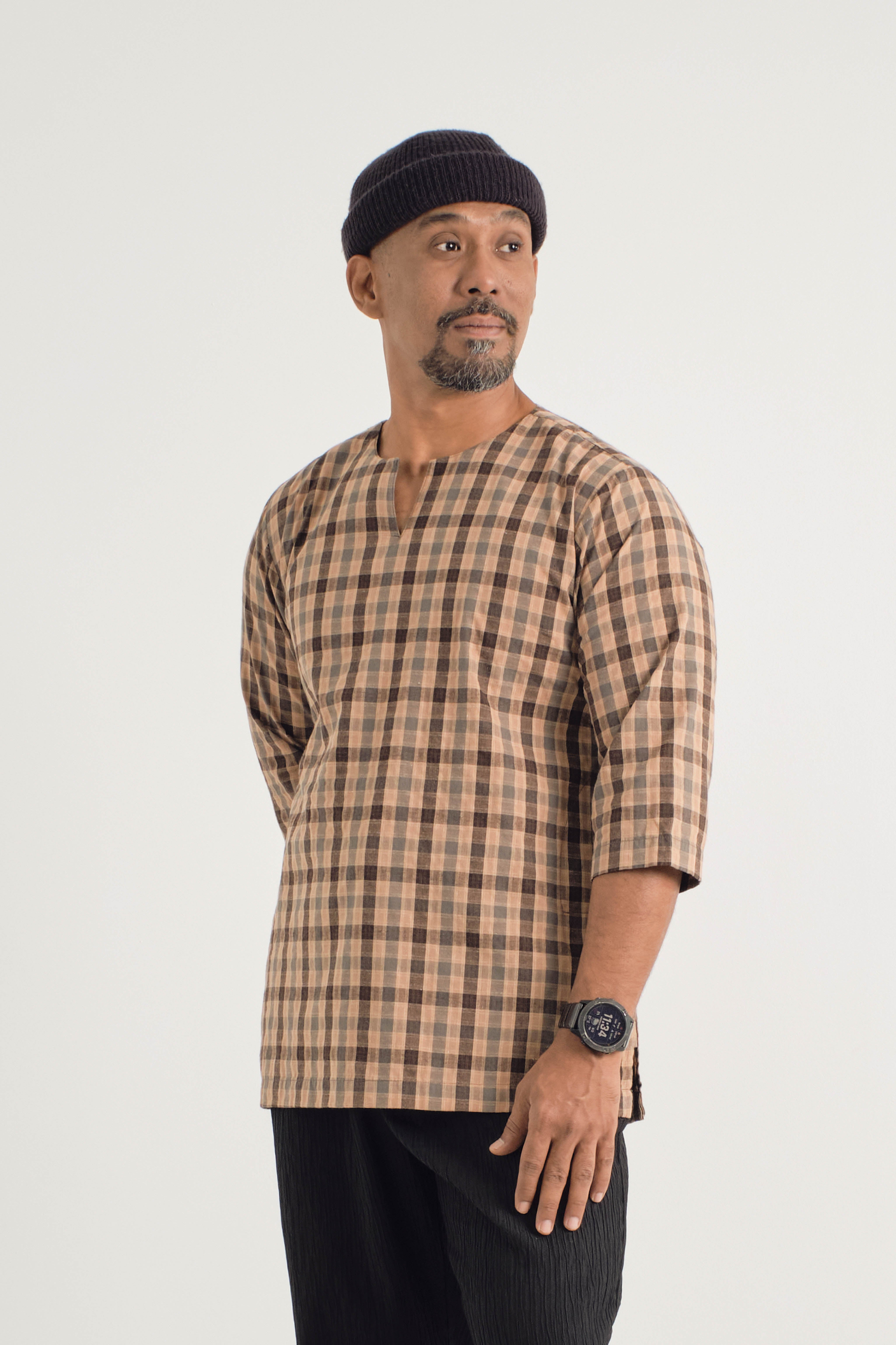 Mansoor Three Quarter Sleeve Top - Plaid Dark Brown