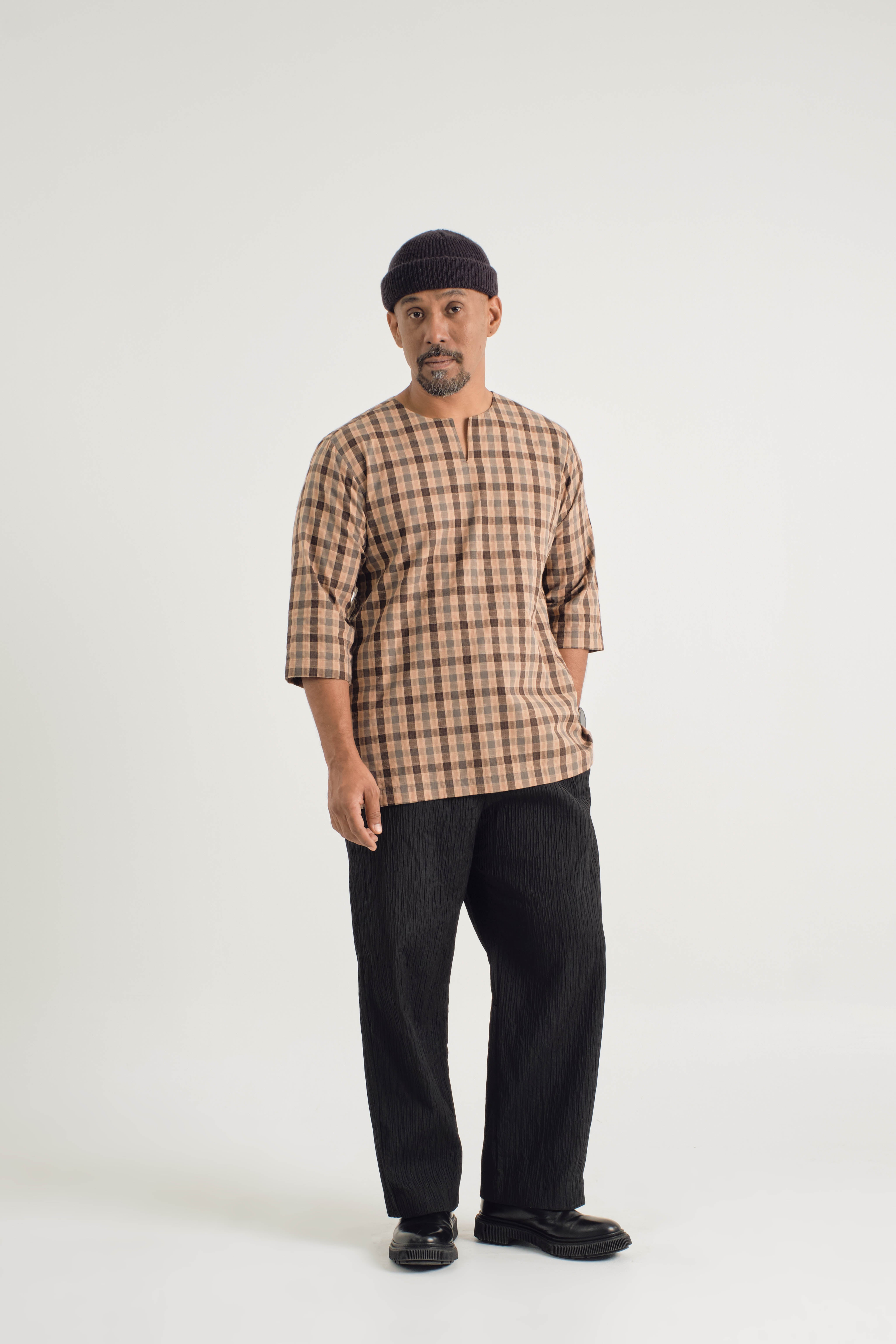 Mansoor Three Quarter Sleeve Top - Plaid Dark Brown