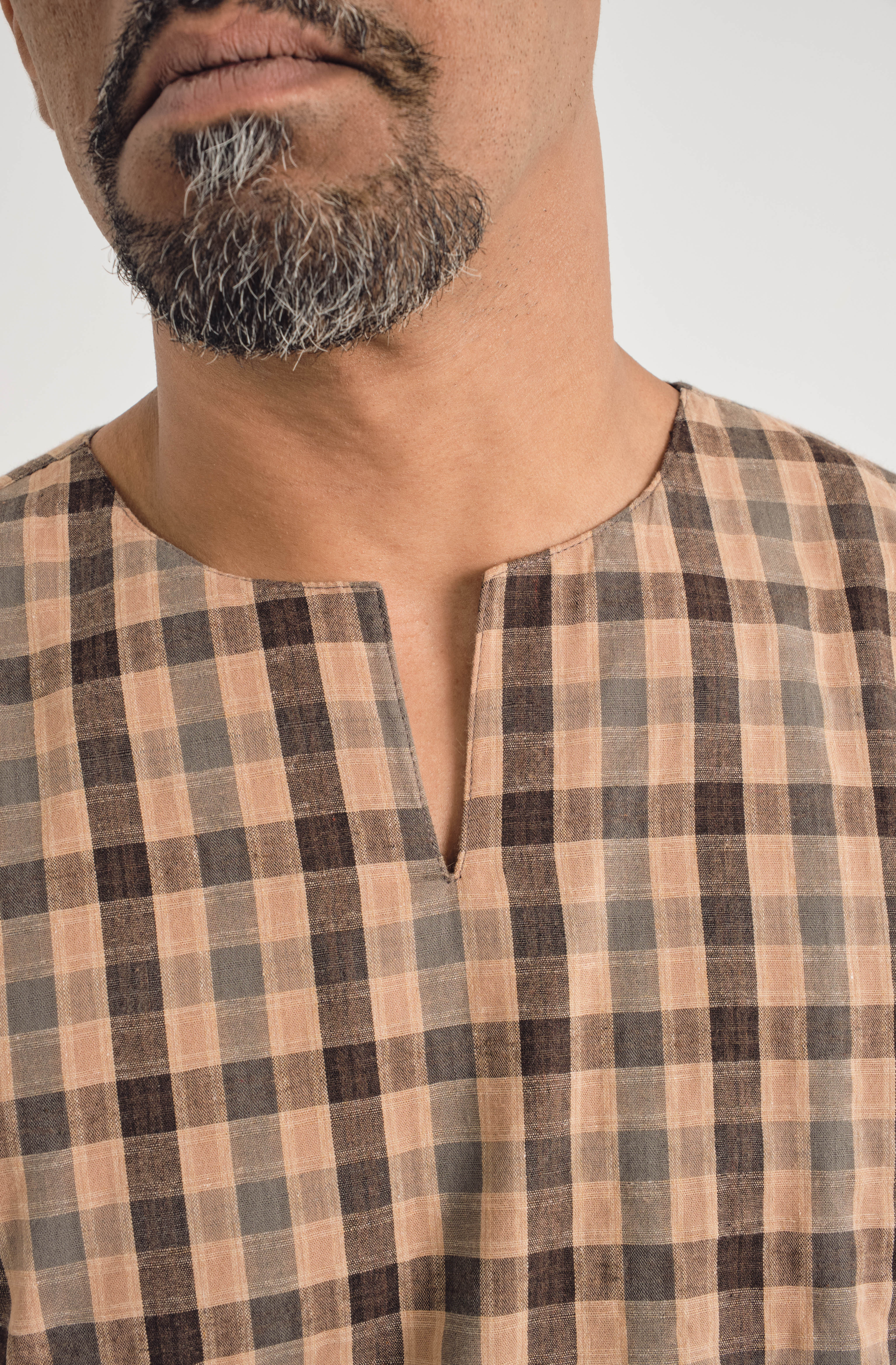 Mansoor Three Quarter Sleeve Top - Plaid Dark Brown