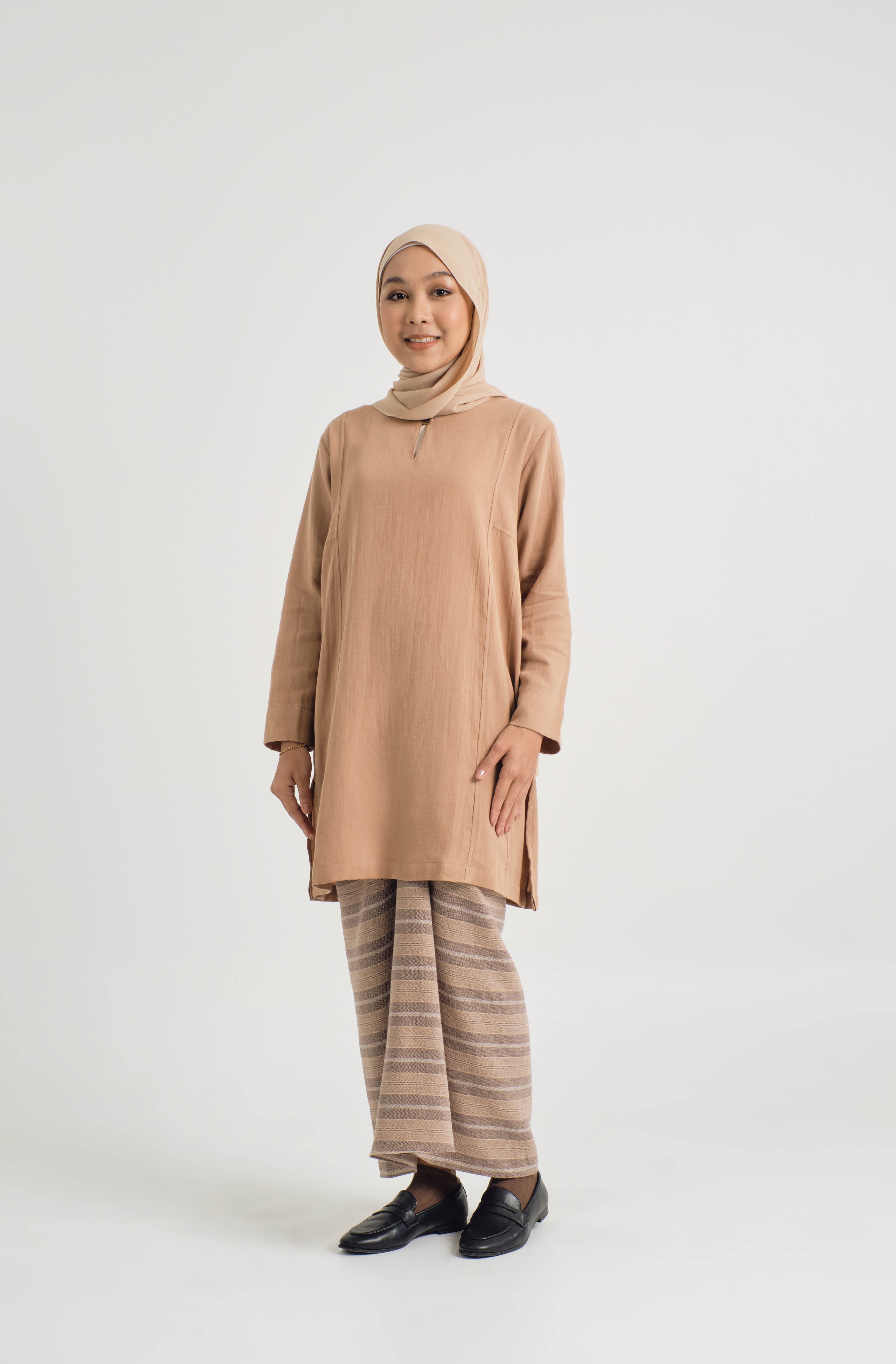 Mansoor Baju Kurung Labuh - Stripe Khaki Brown