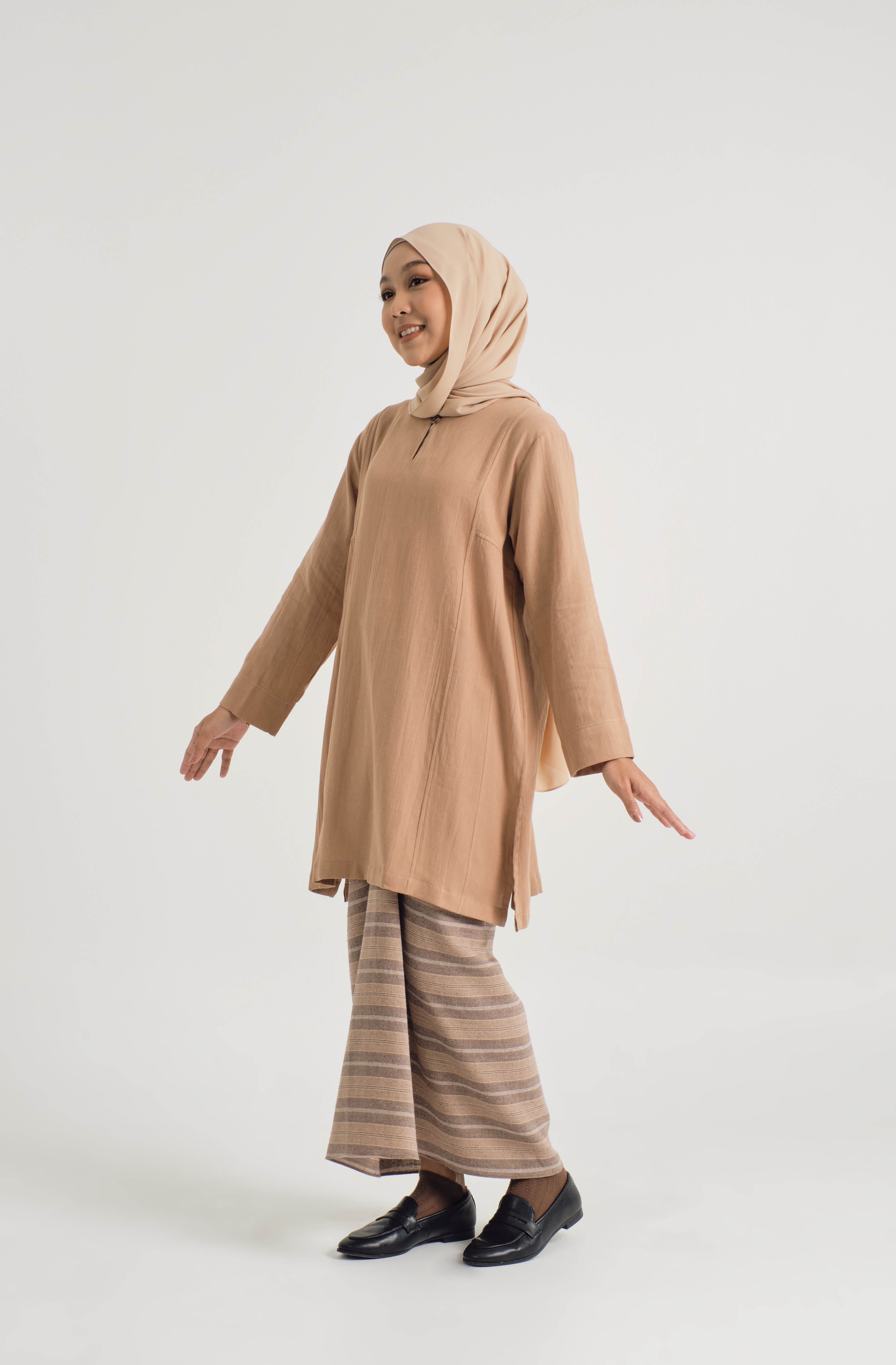 Mansoor Baju Kurung Labuh - Stripe Khaki Brown