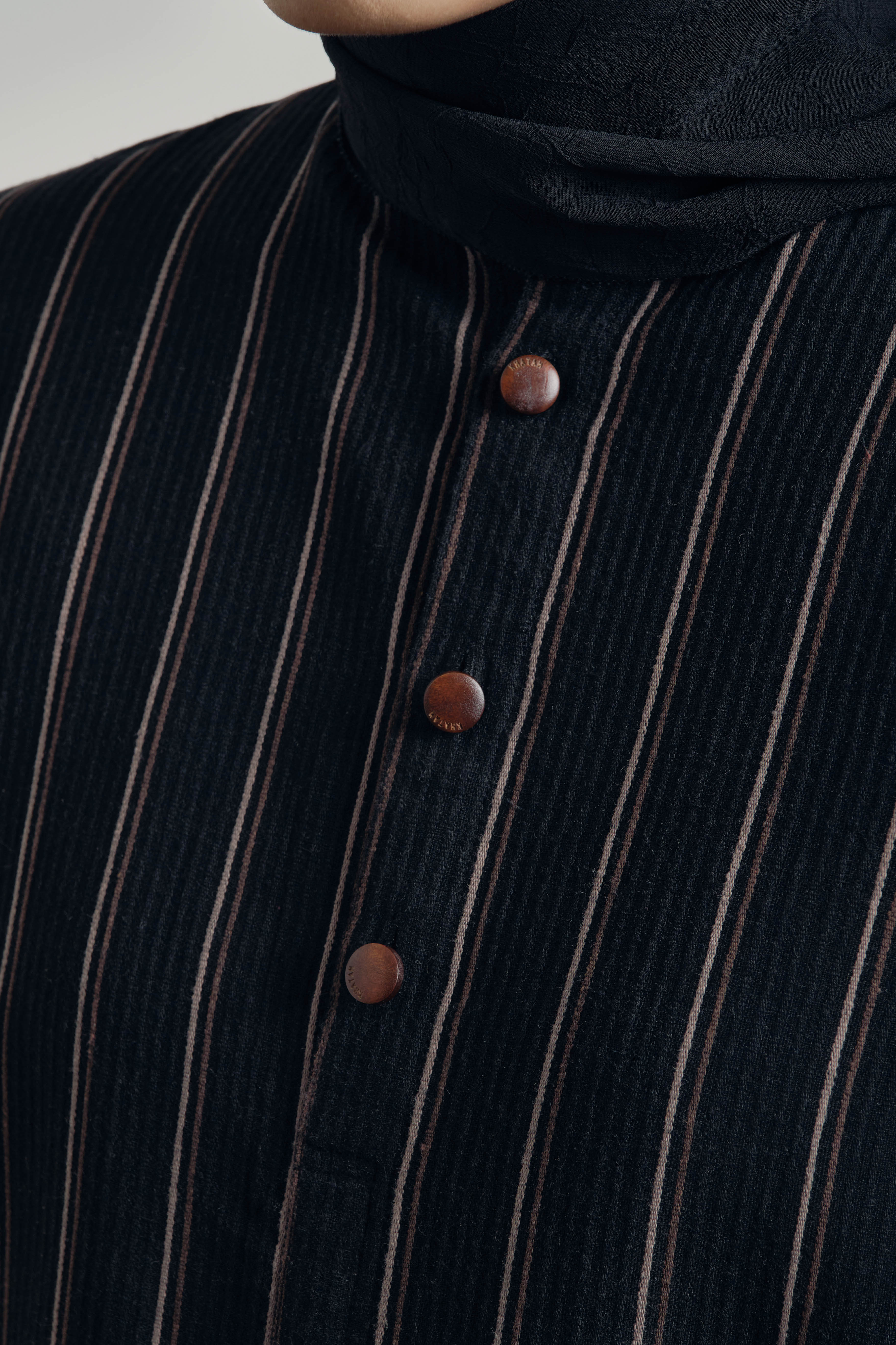 Mansoor Baju Kurung Cekak Musang - Black Brown Stripe