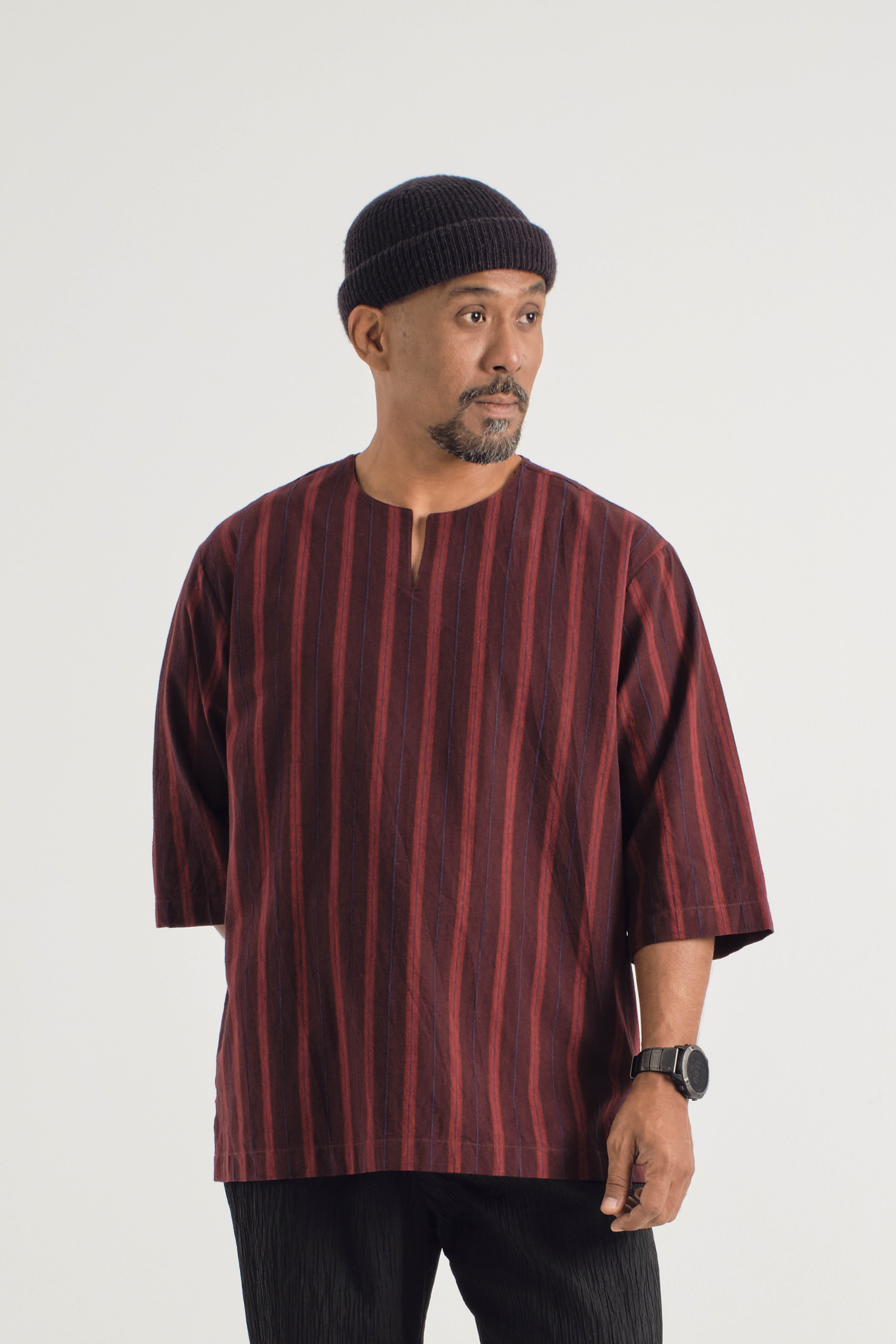 Palong Classic Fit Quarter Sleeves Top - Stripe Burgundy