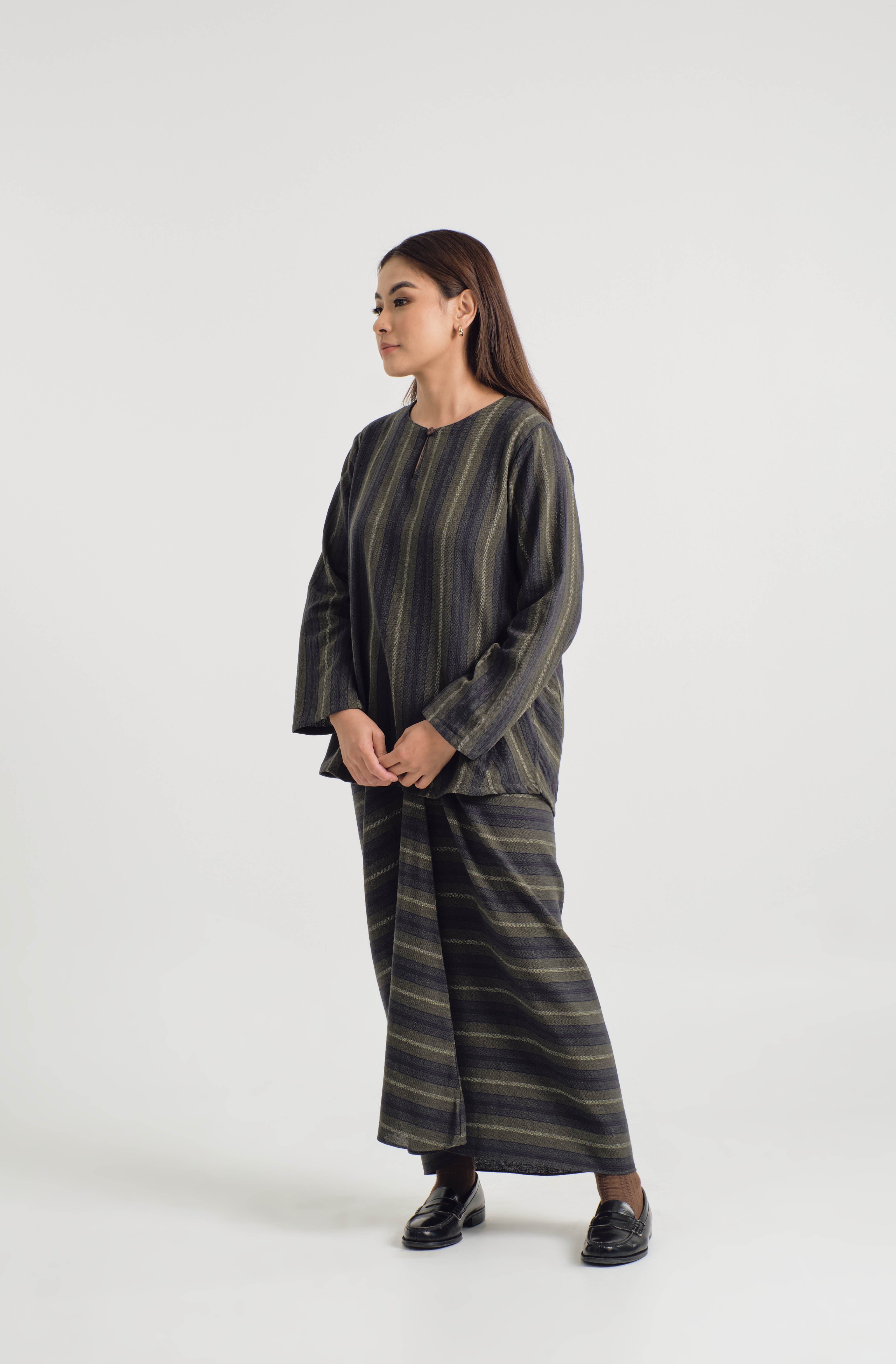 Mansoor Baju Kurung Pendek - Stripe Forest Green