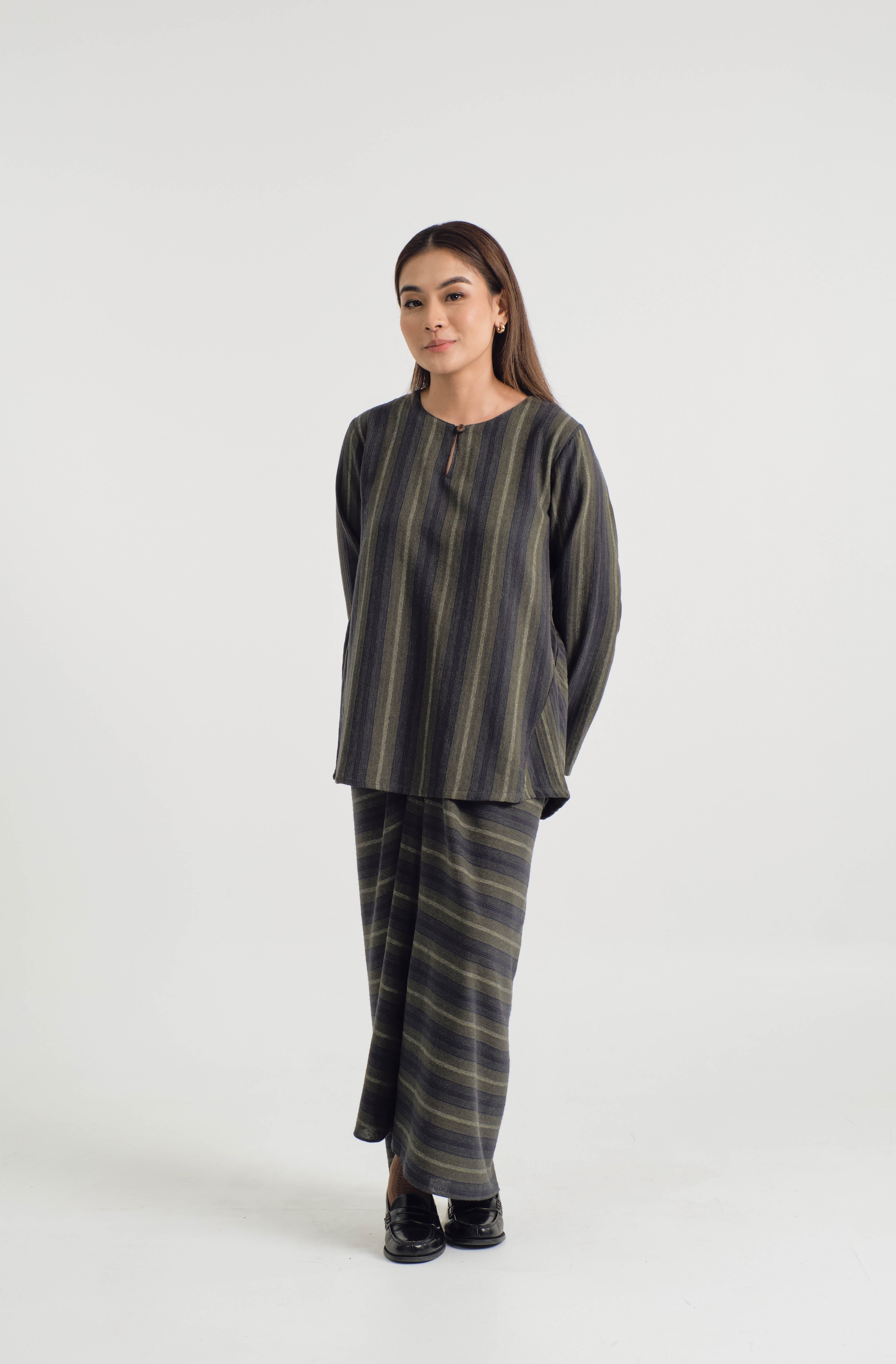 Mansoor Baju Kurung Pendek - Stripe Forest Green