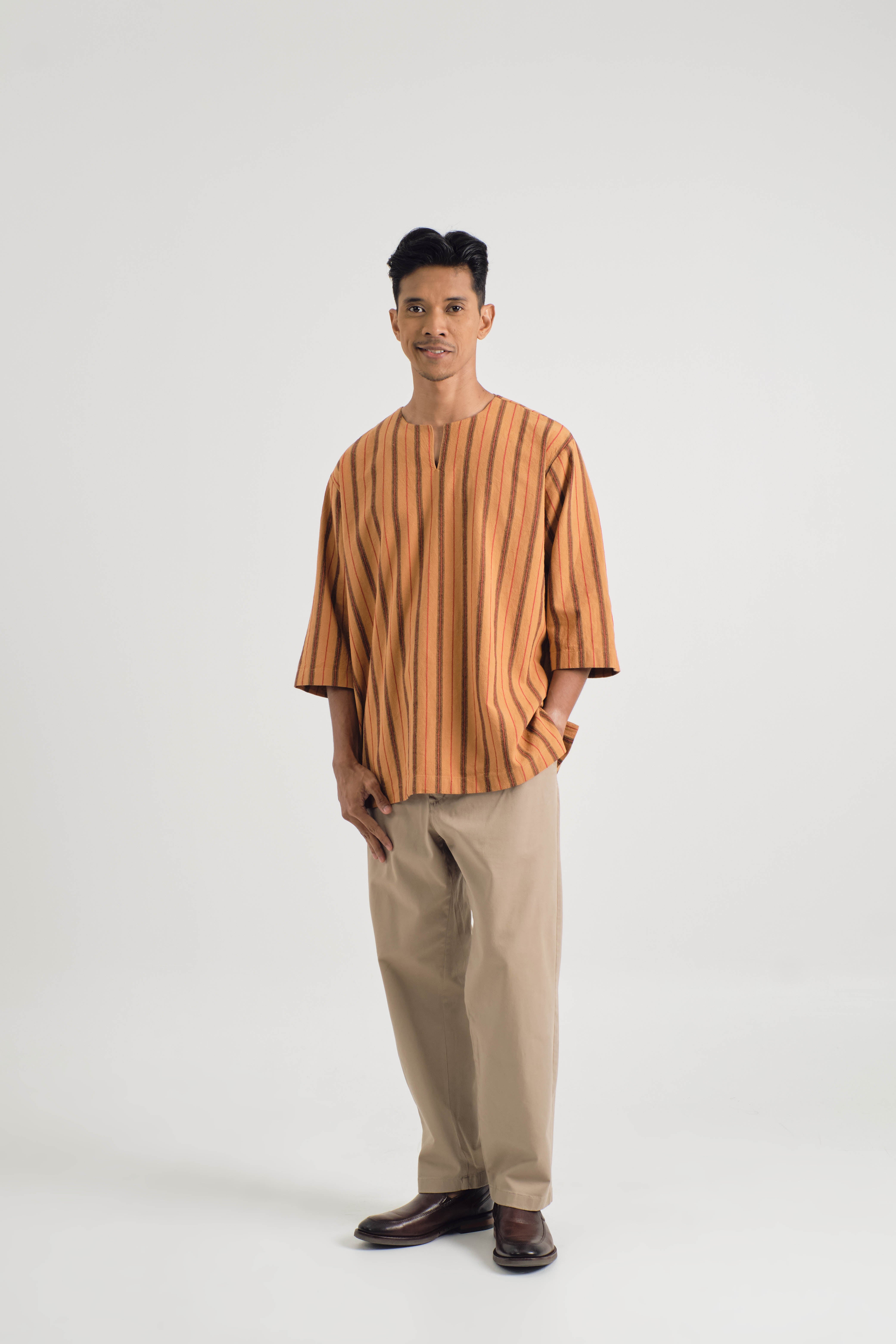 Palong Classic Fit Quarter Sleeves Top - Stripe Honey Brown