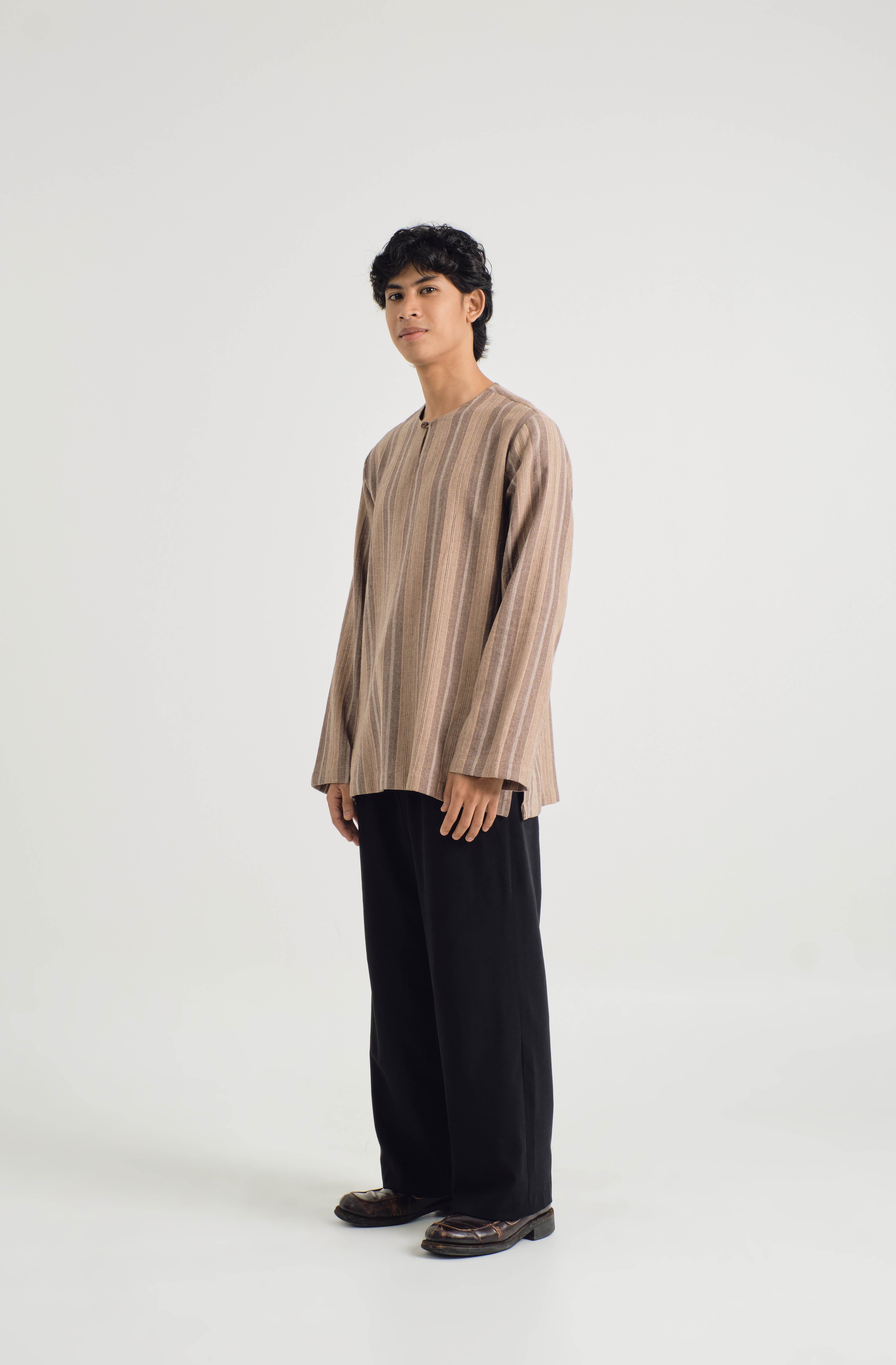 Mansoor Back Yoke Top - Stripe Khaki Brown