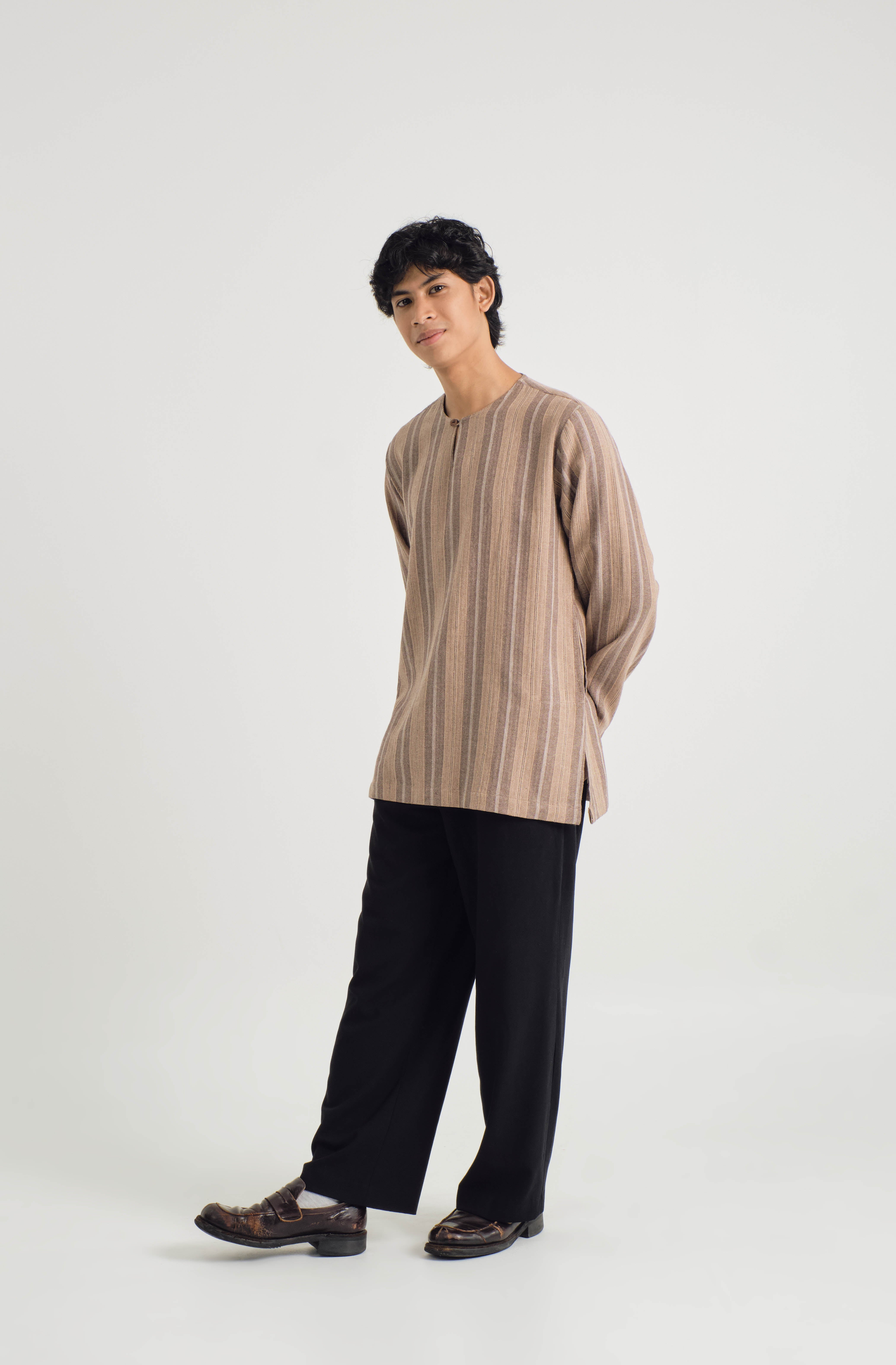 Mansoor Back Yoke Top - Stripe Khaki Brown