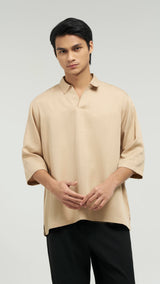 Tasor Loose Fit Open Collar Top - Brown
