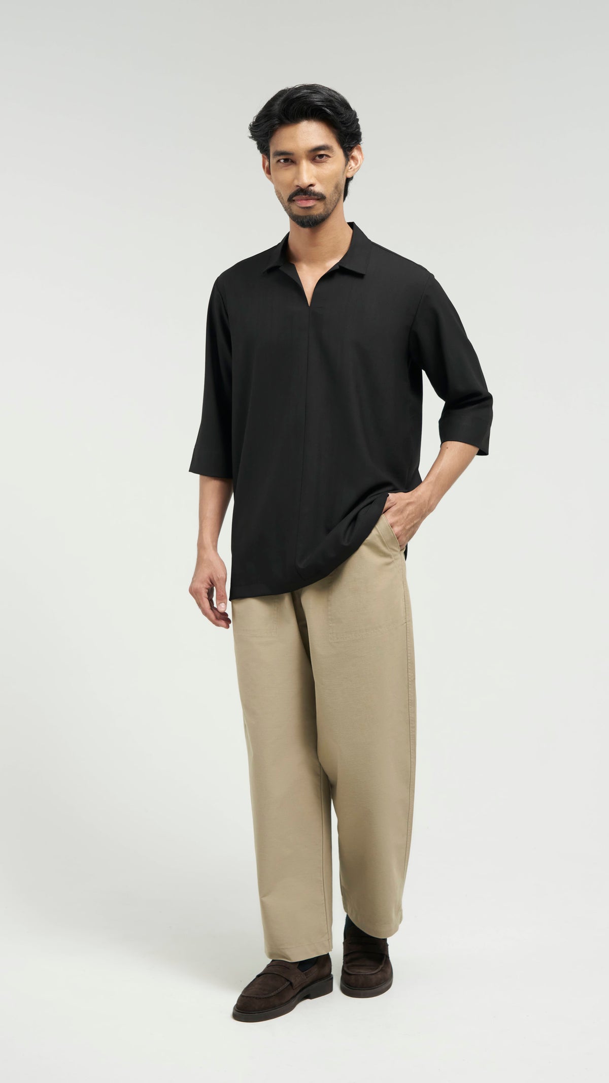 Tasor Modern Fit Collared Quarter Sleeve Top - Black