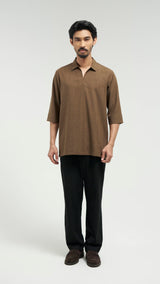 Tasor Modern Fit Collared Quarter Sleeve Top - Dark Brown