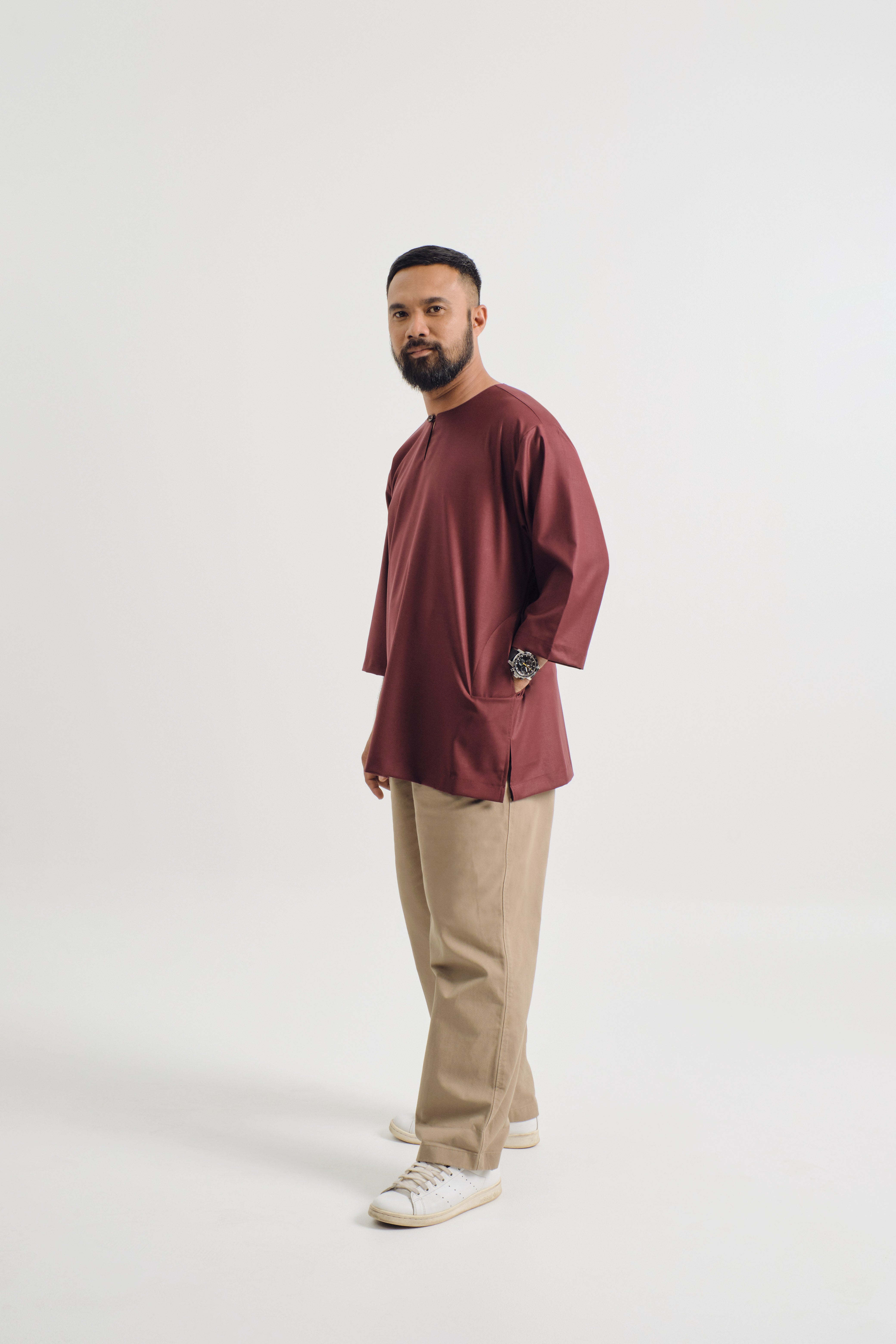 Patawali Three Quarter Sleeve Top - Burgundy Red