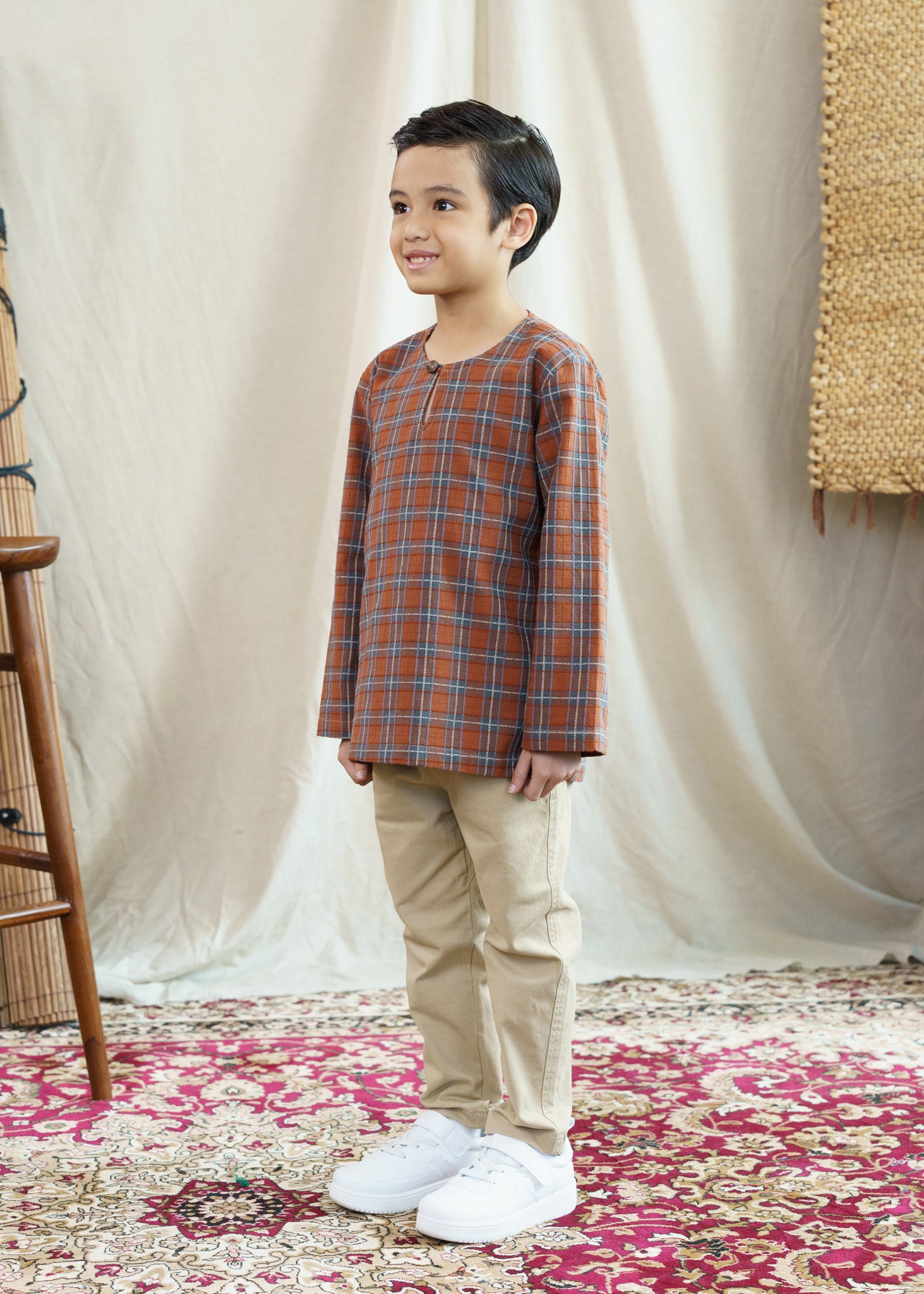 Mansoor Boys Top - Checkered Teal Brown